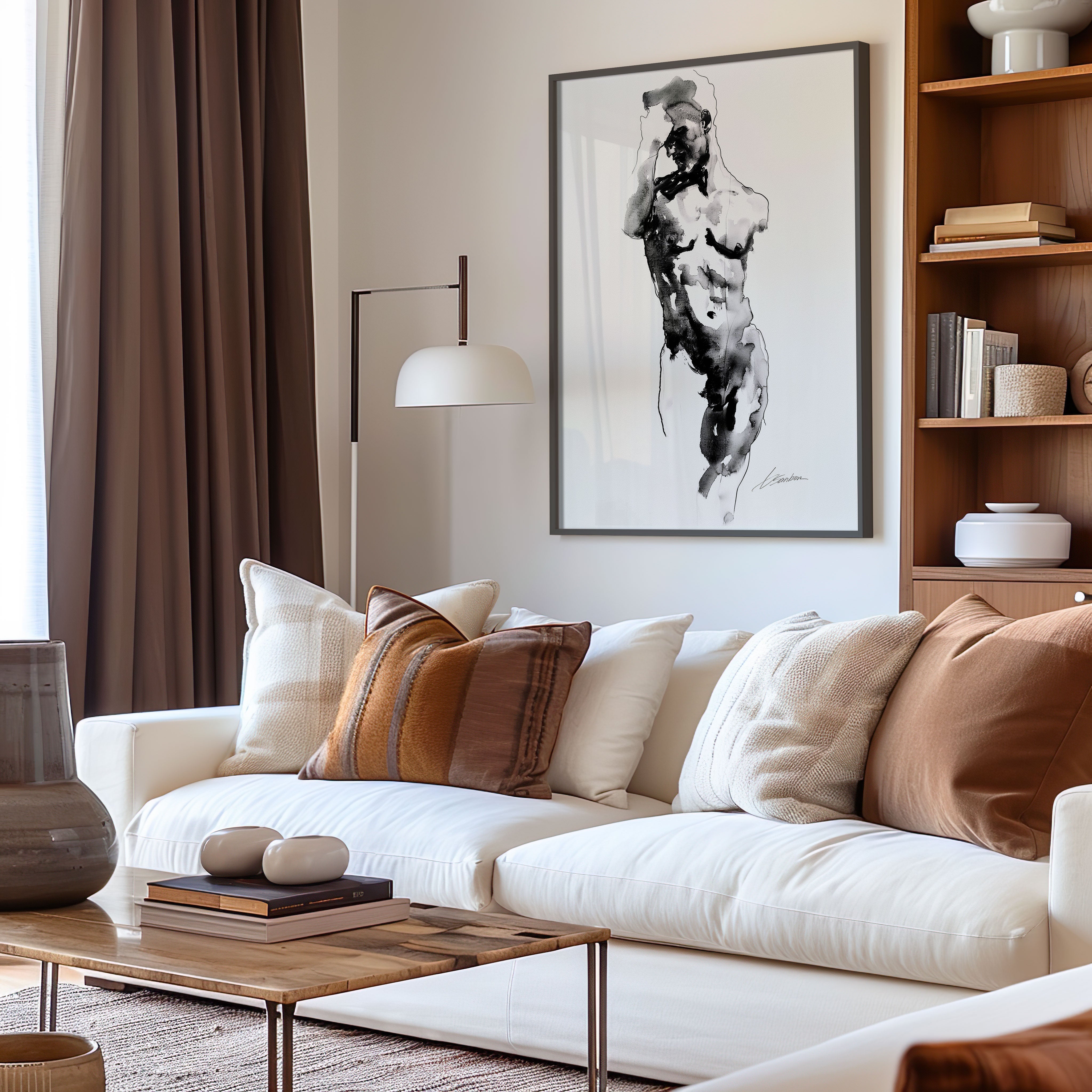 contemporary male figure art print ink and line torso displayed in modern living room by Brenden Sanborn