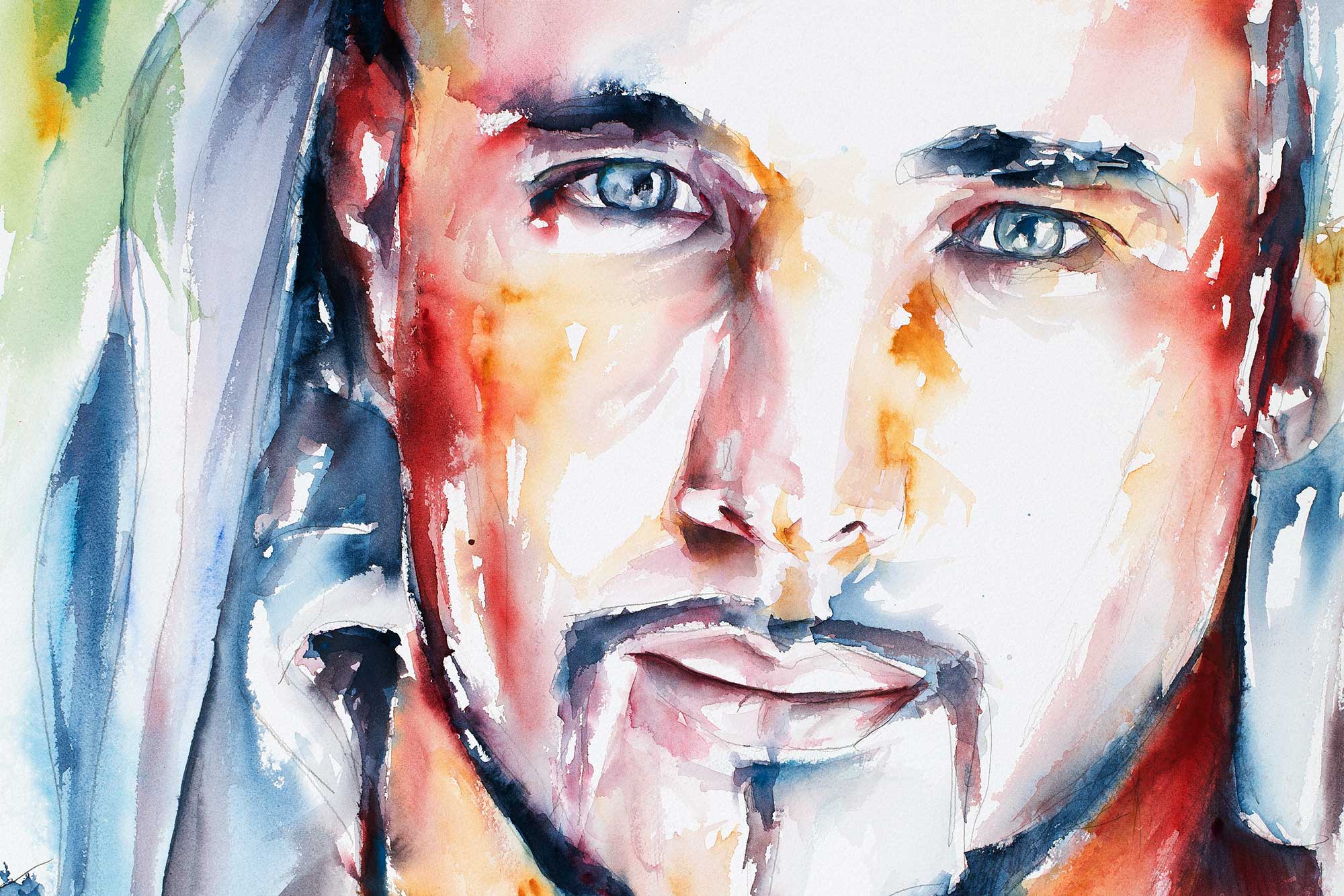 male gaze art history watercolor portrait with direct eye contact by Brenden Sanborn