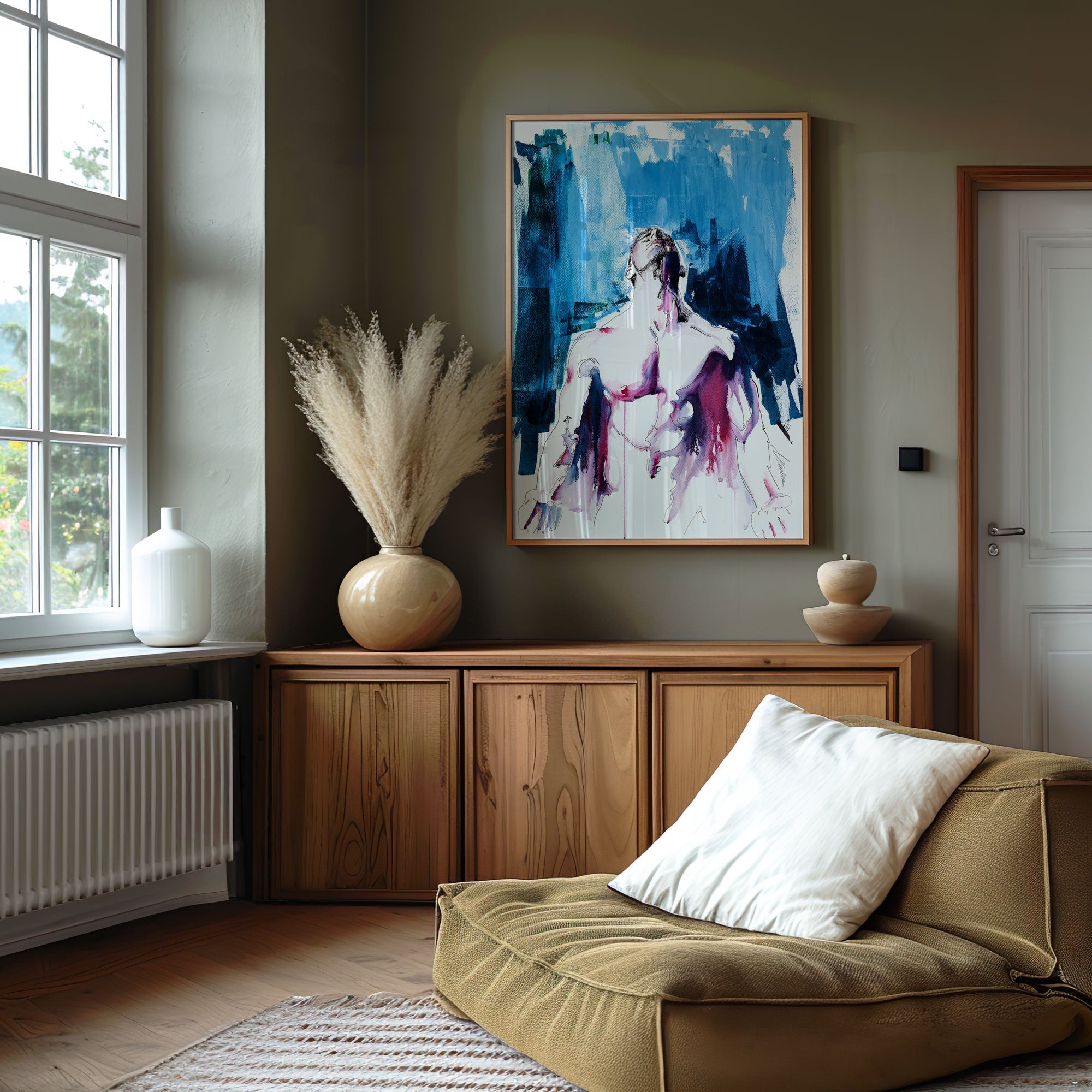 Male nude art print displayed in a modern living room, original watercolor by Brenden Sanborn