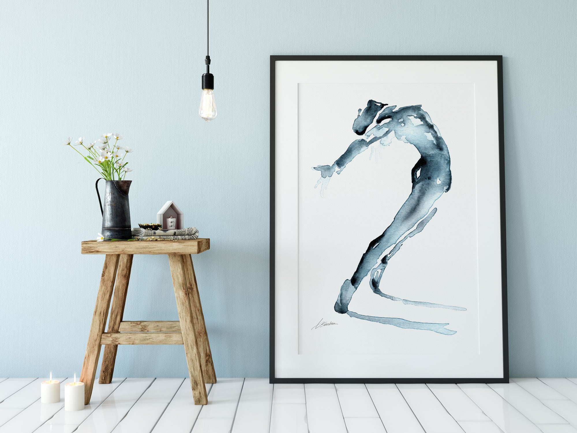 Renaissance male nude art watercolor figure in motion displayed in modern home by Brenden Sanborn