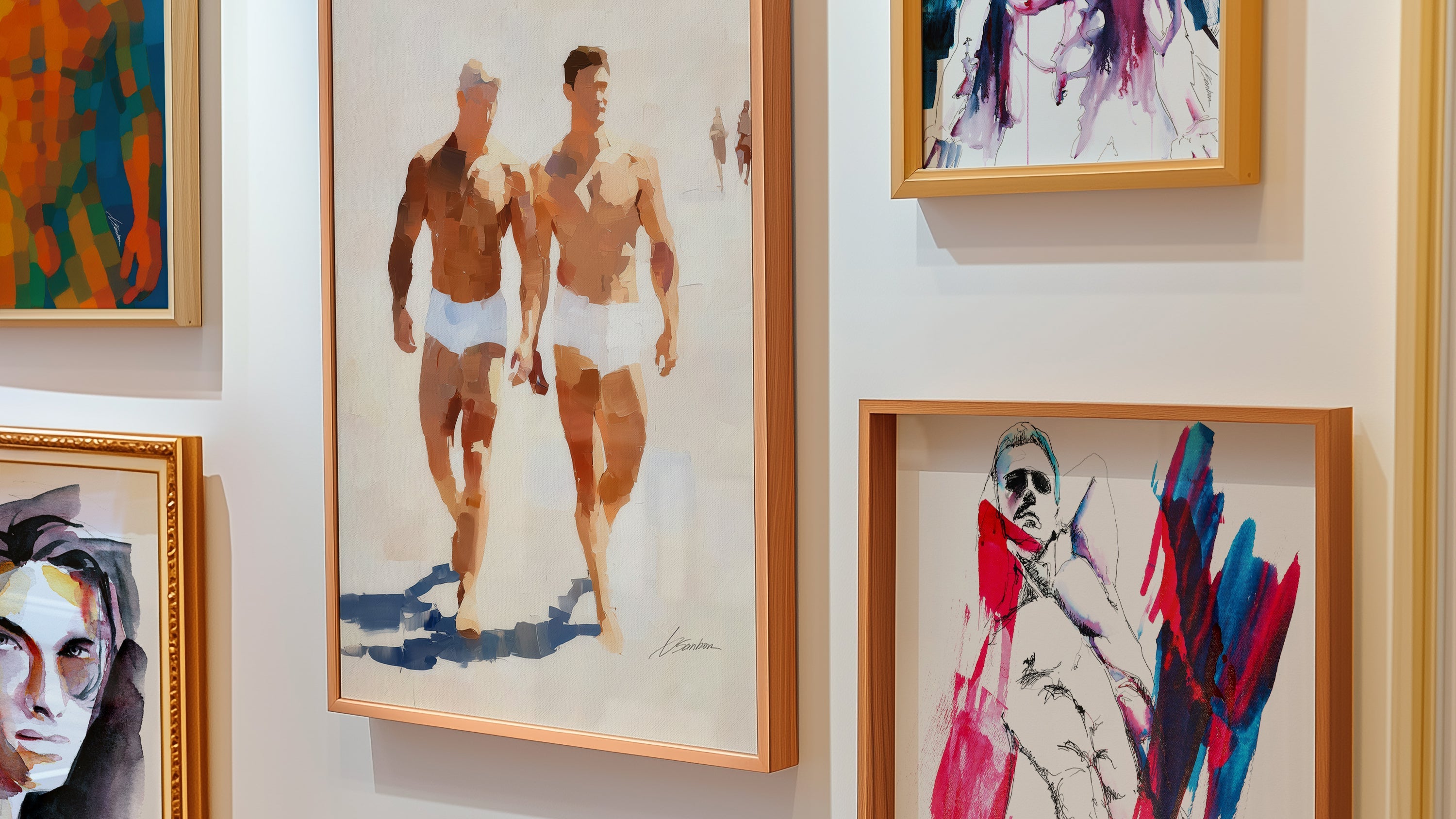All art prints by Brenden Sanborn, a gallery wall display of original watercolor and ink male figure paintings in mixed frames