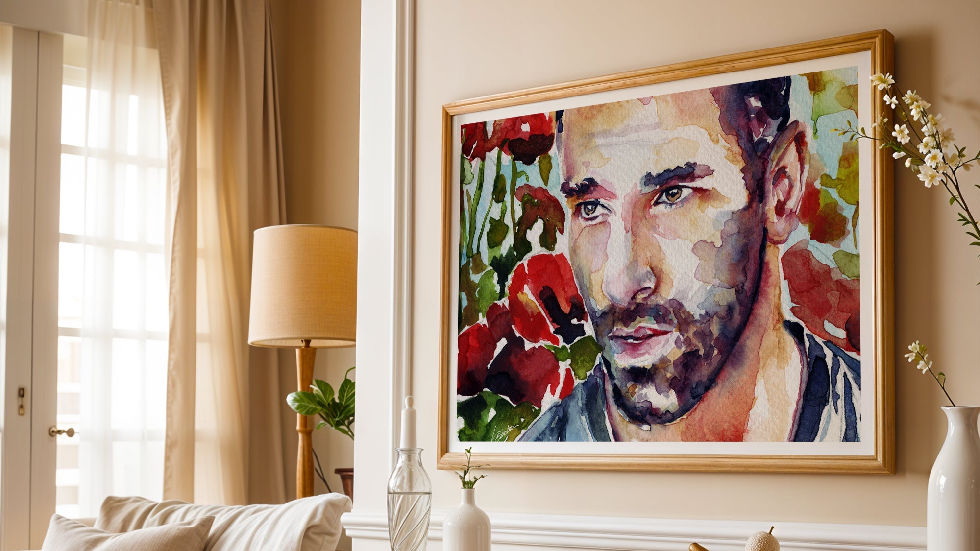 Bearded man watercolor portrait art print by Brenden Sanborn, large framed painting of a bearded male face with red poppies in a warm sunlit living room