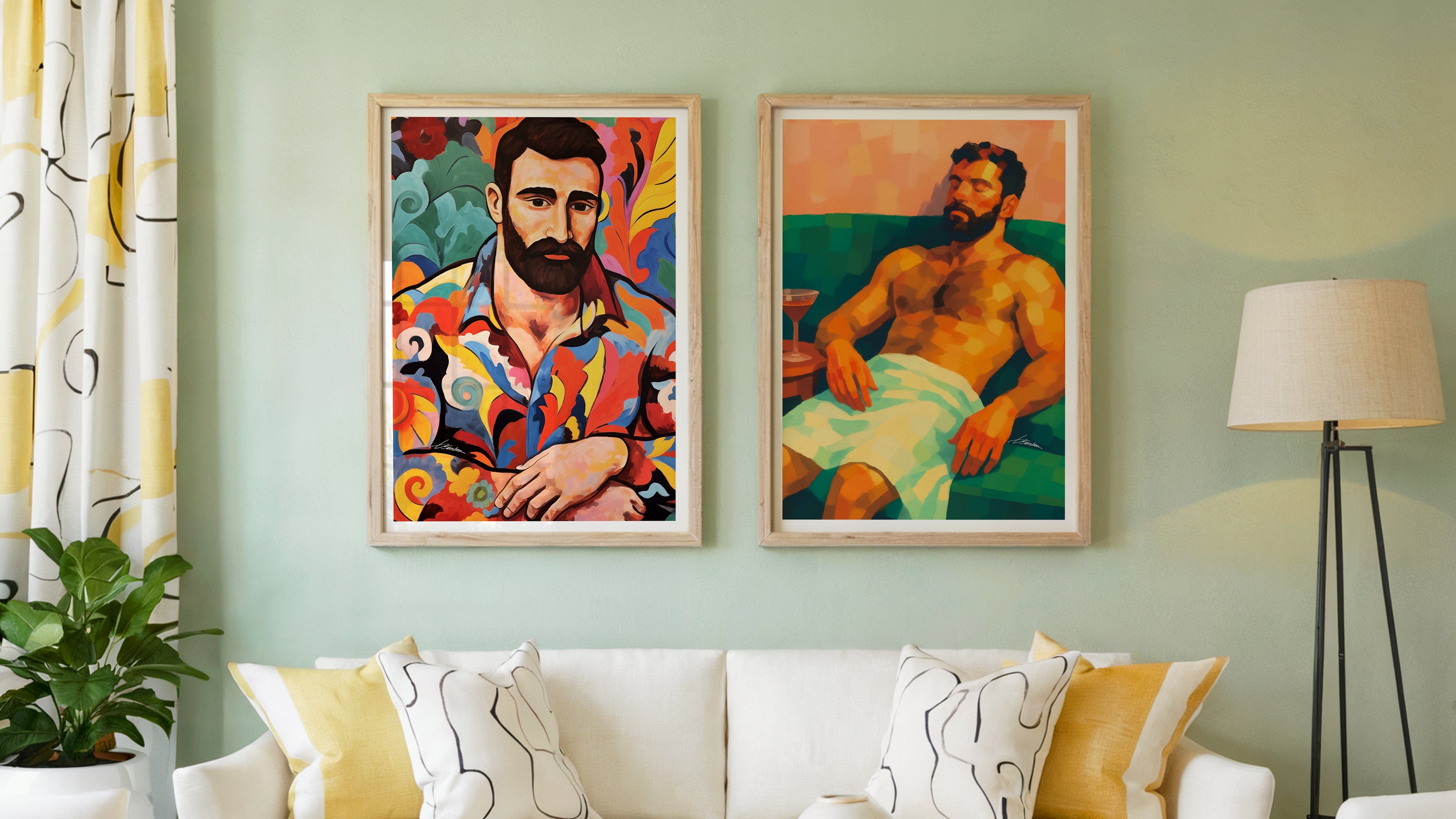 Mosaic style watercolor paintings of the male figure in faceted, jewel tone colors