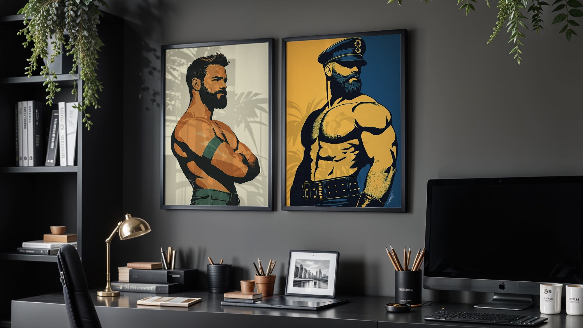 Leathermen gay art prints by Brenden Sanborn, two bold framed paintings of bearded leather figures in a dark moody home office