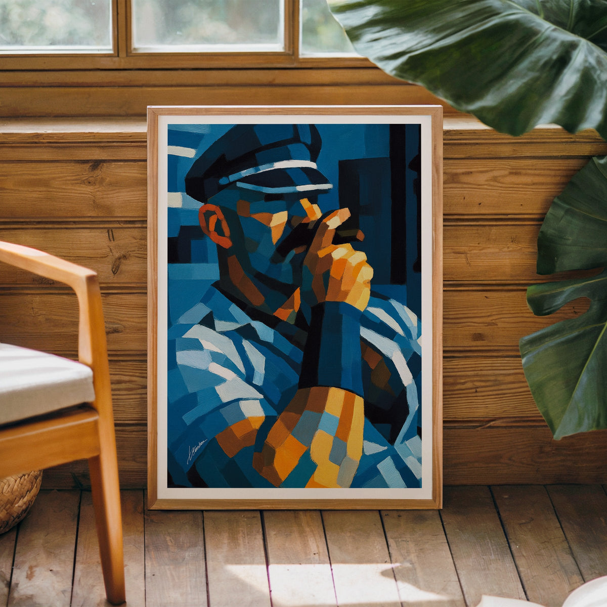 Leathermen art print by Brenden Sanborn of a man in a leather cap, framed and leaning against a wood paneled wall
