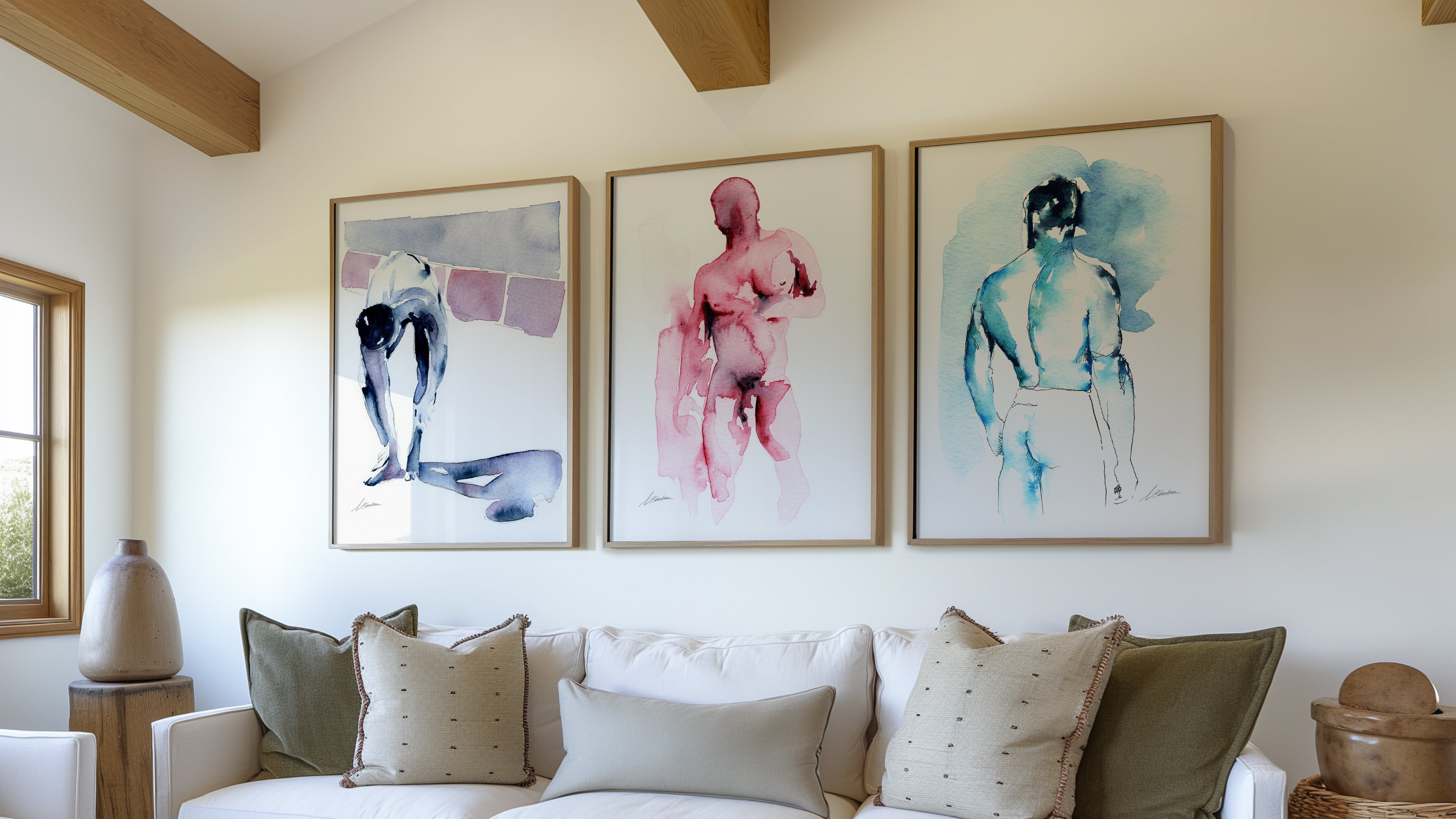 Monochrome watercolor painting of the male figure in a single red color wash
