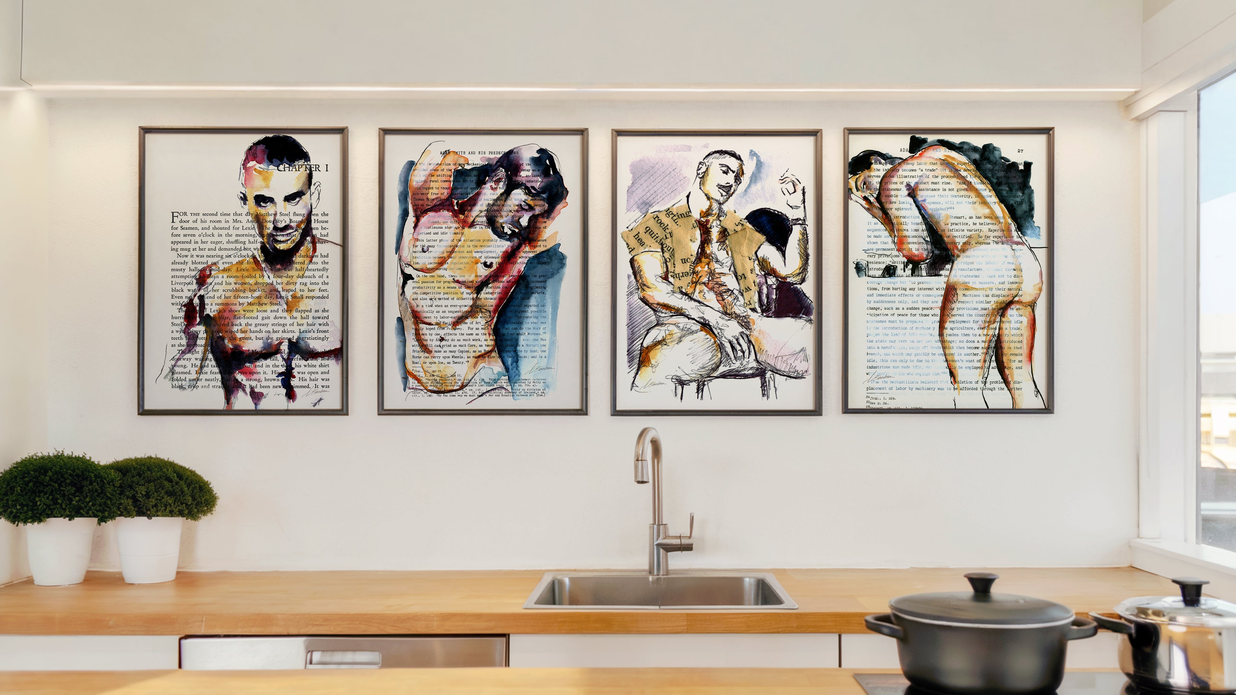 Mixed media male figure art prints by Brenden Sanborn, four large framed paintings of figures over vintage book pages displayed above a kitchen counter