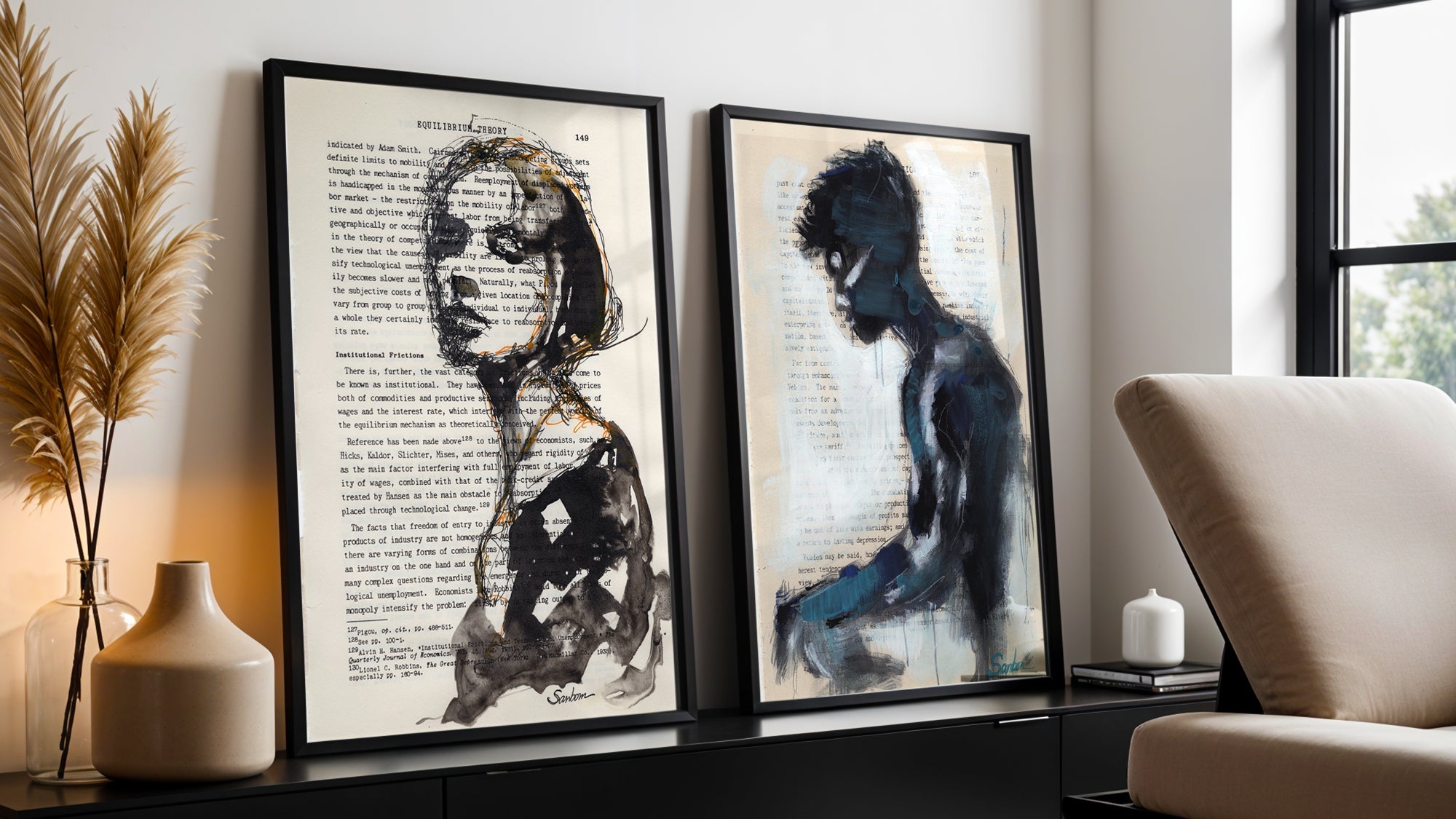 New Work collection featuring framed fine art prints by Brenden Sanborn displayed in a sunlit interior with expressive figure drawings and portrait artwork