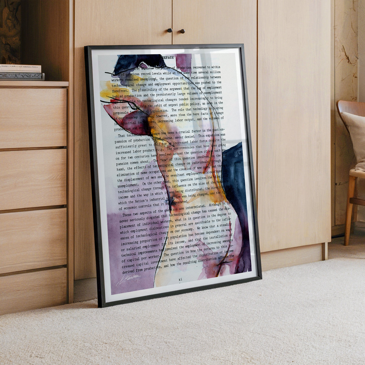 Watercolor male figure painted over a book page, framed and leaning against a wood cabinet, Page Boys collection by Brenden Sanborn