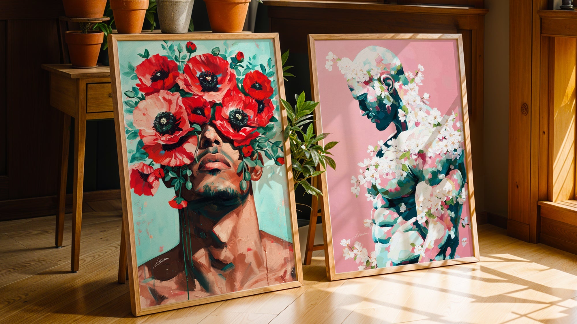 Wildflowers male figure floral art prints by Brenden Sanborn, two large framed paintings with poppies and cherry blossoms leaning against a wall in warm natural light