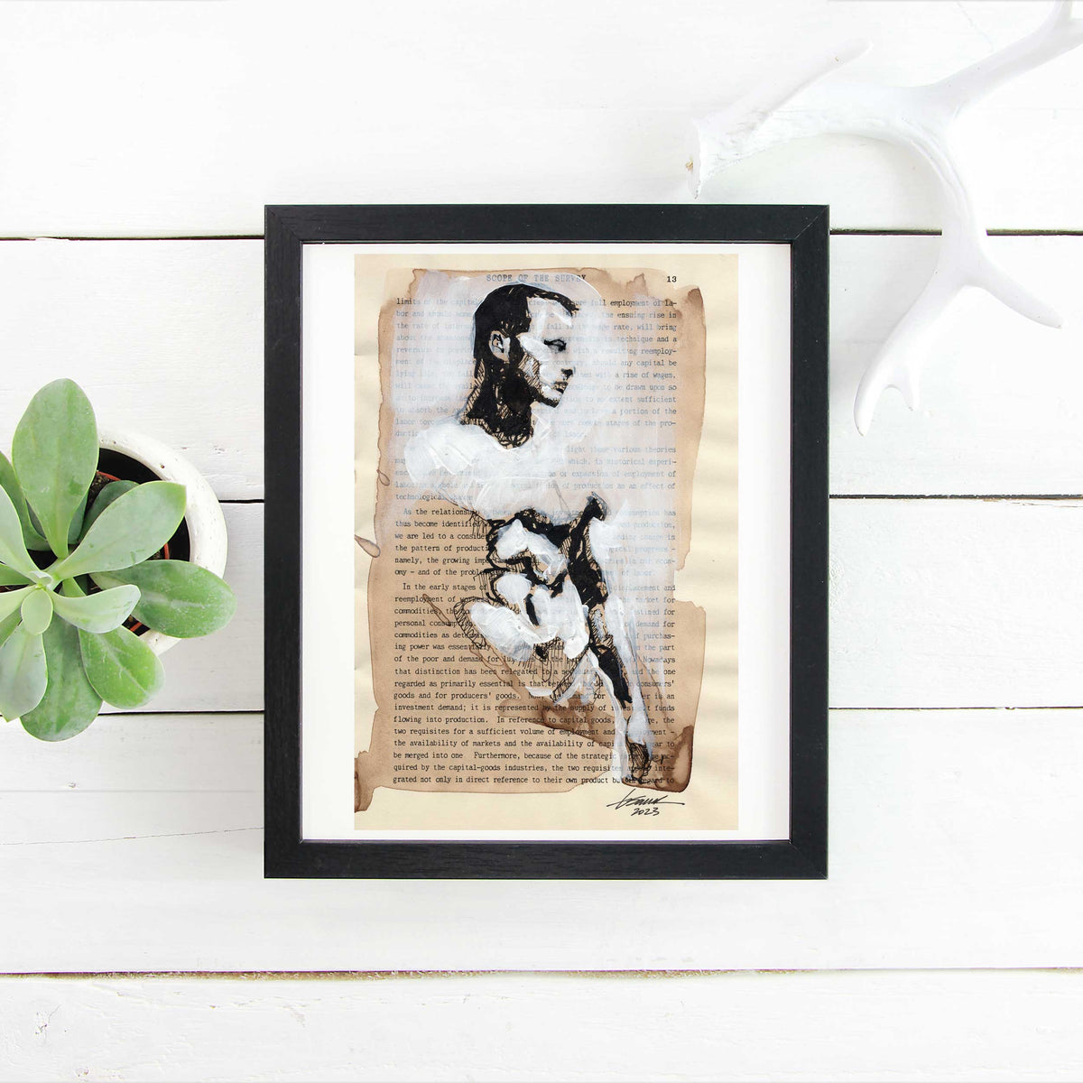 Muscular Figure on Literature - 6x9" Original Book Paper Art Artist Brenden Sanborn