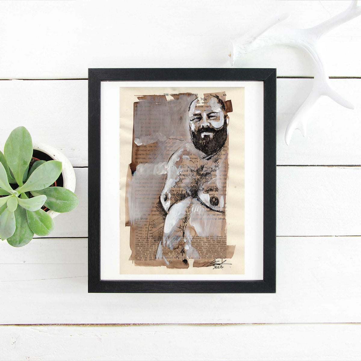 Literary Bear - Hairy Gay Man on Book Page - 6x9" Original Art Artist Brenden Sanborn