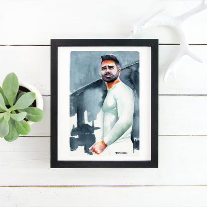 Urban Poise - Confident Bearded Man in Cool Hues - 6x9" Original Watercolor