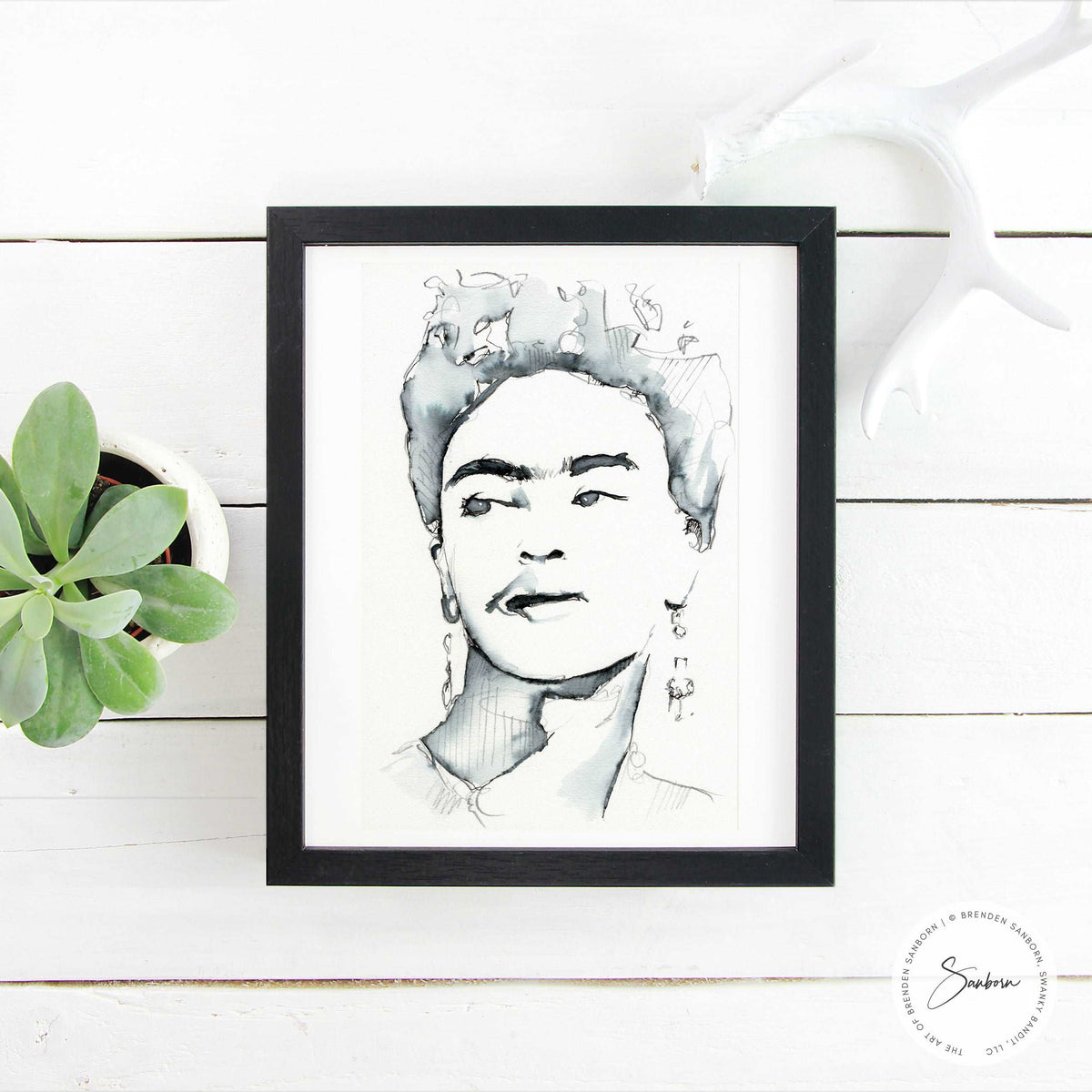 Frida Kahlo Portrait - 6x9" Original Ink Painting Artist Brenden Sanborn