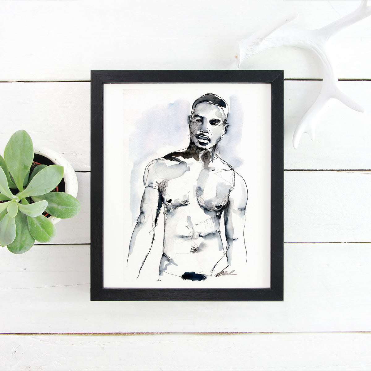 Stoic Shadows - Ink Defined Muscular Form - 6x9" Original Painting Artist Brenden Sanborn