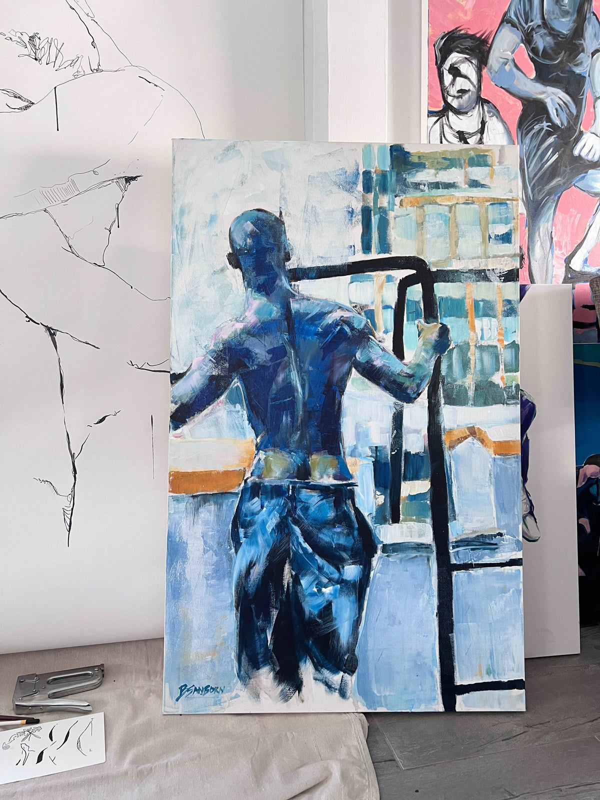 City of Lights - Semi Nude Male in New York City - Original Acrylic Painting Artist Brenden Sanborn