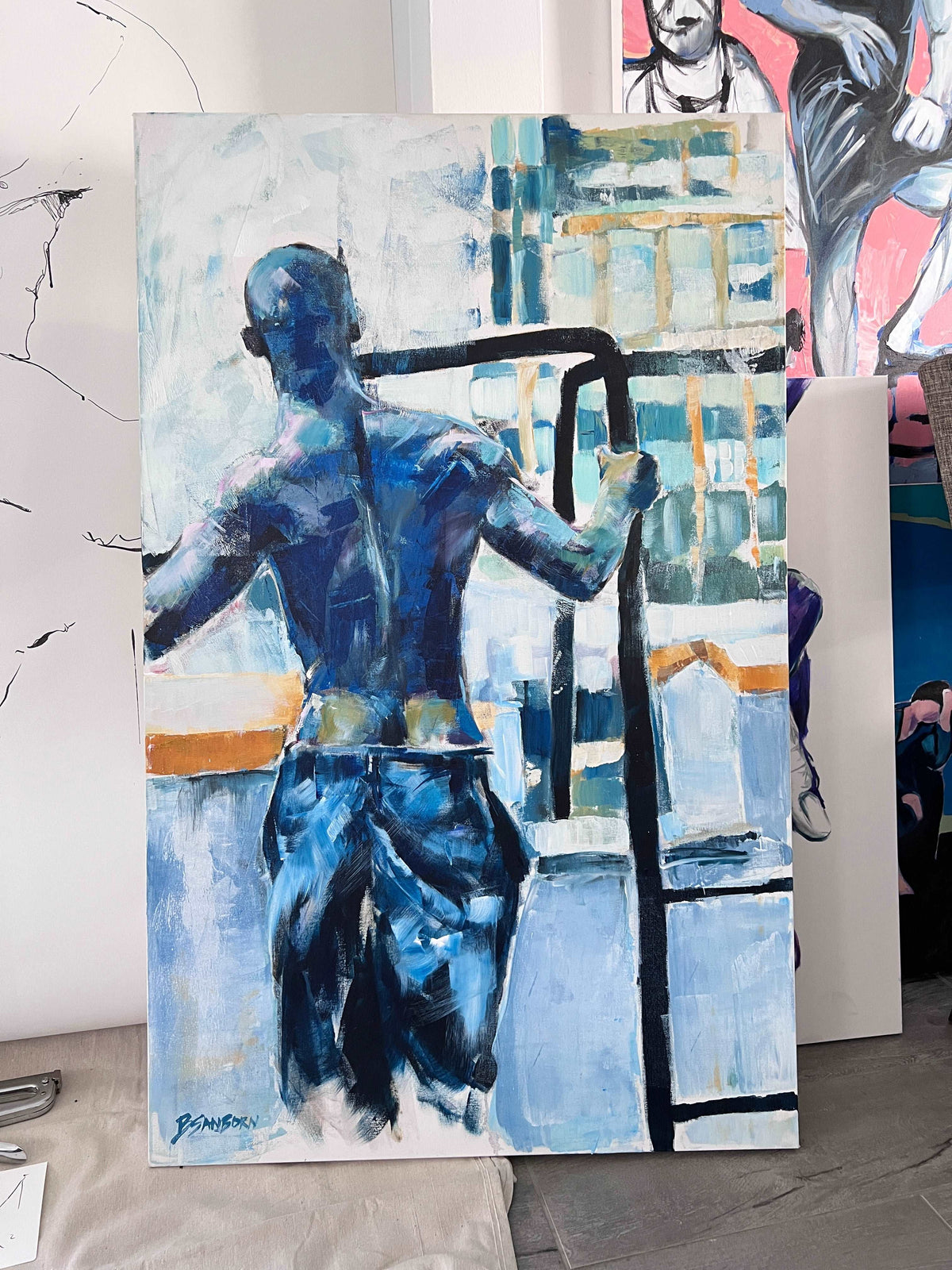 City of Lights - Semi Nude Male in New York City - Original Acrylic Painting Artist Brenden Sanborn