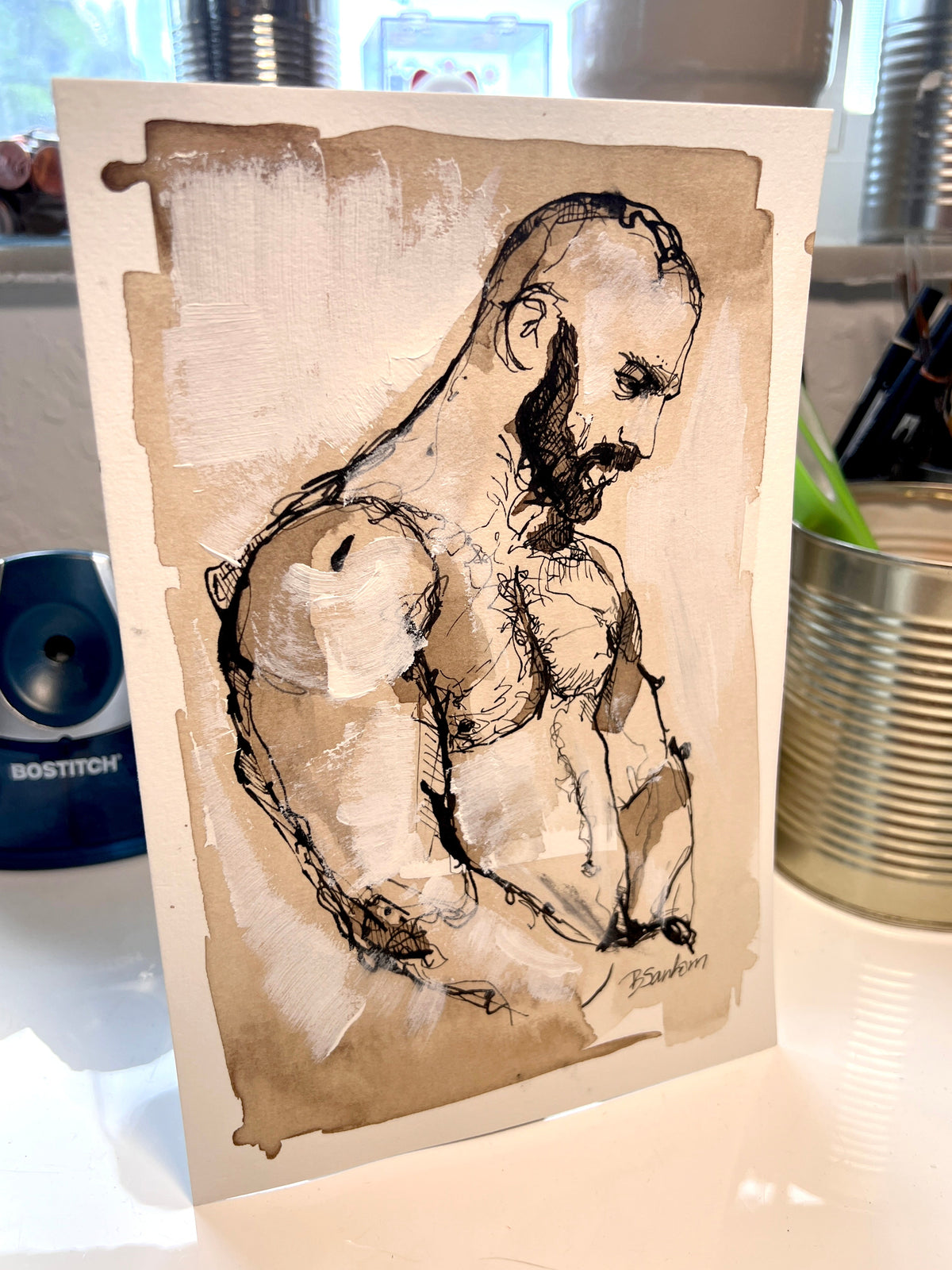 Bearded Male Torso with Crossed Arms and White Acrylic Details – 6x9 Original Ink Drawing Artist Brenden Sanborn