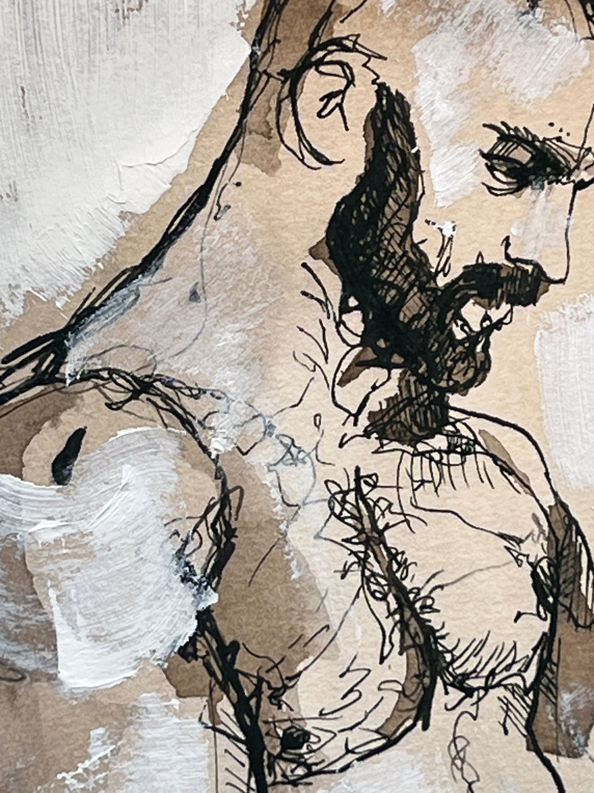 Bearded Male Torso with Crossed Arms and White Acrylic Details – 6x9 Original Ink Drawing Artist Brenden Sanborn