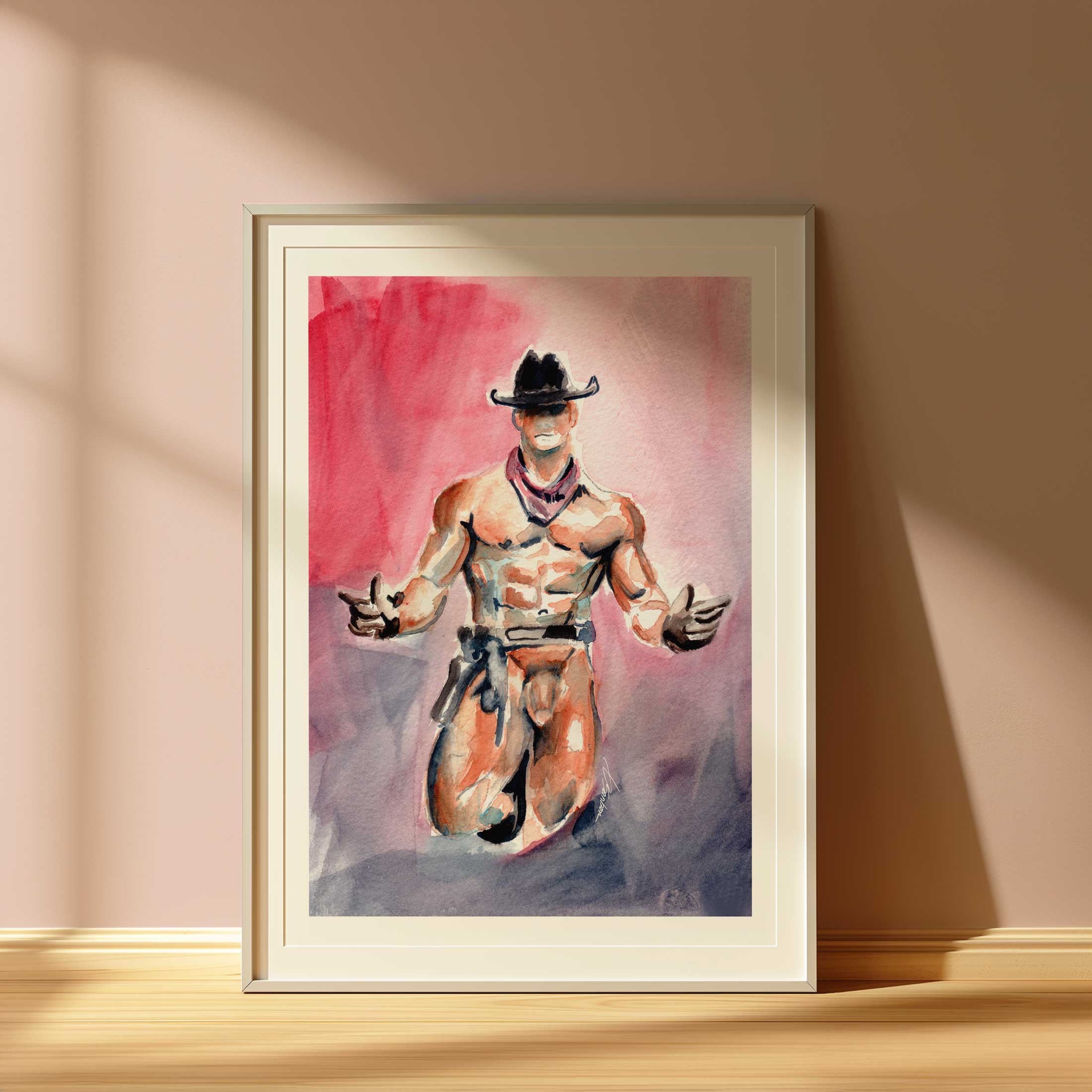 Nude Cowboy Standing in Leather Hat and Holster - Art Print Artist Brenden Sanborn