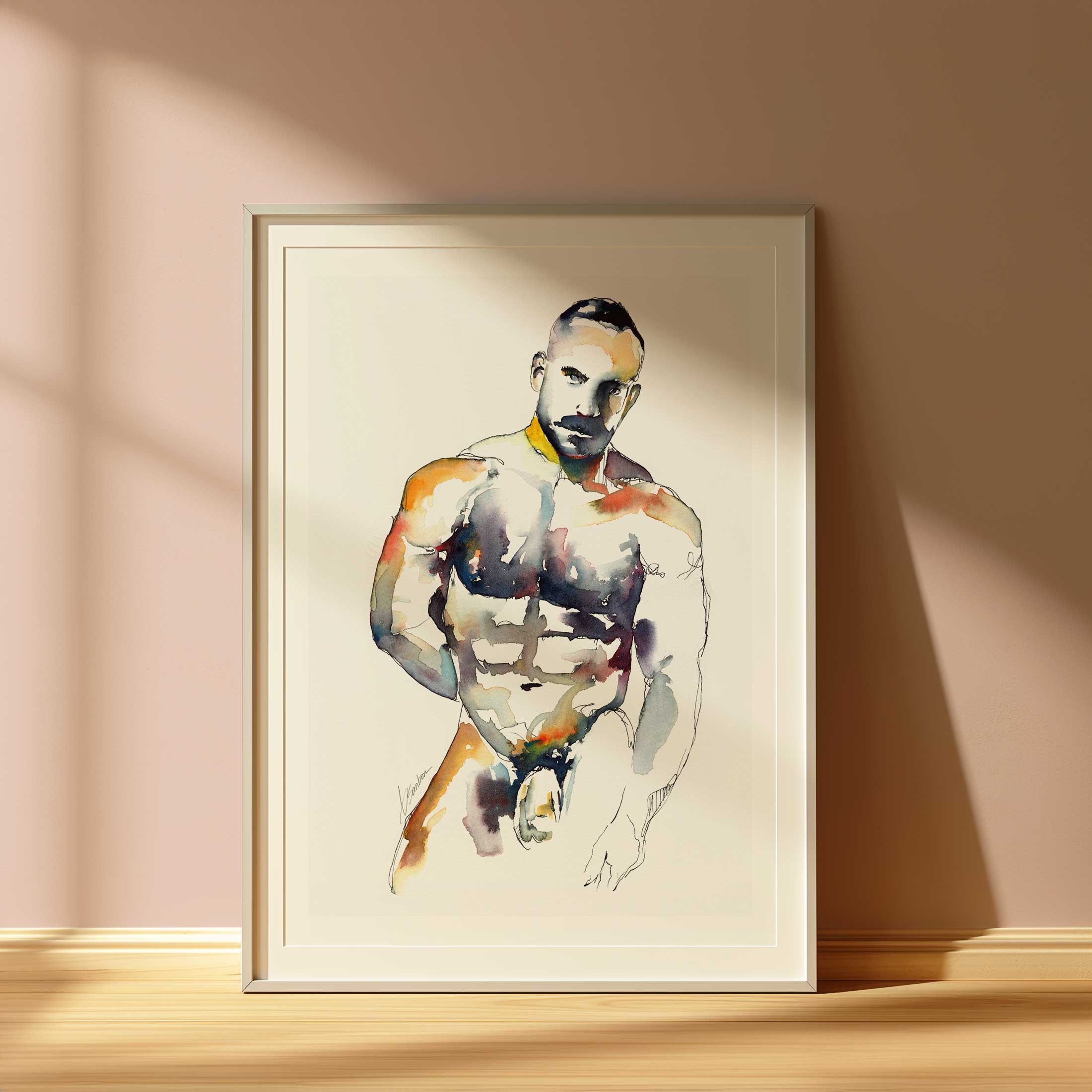 Muscular Male Nude with Intense Stare and Chiseled Abs - Art Print Artist Brenden Sanborn