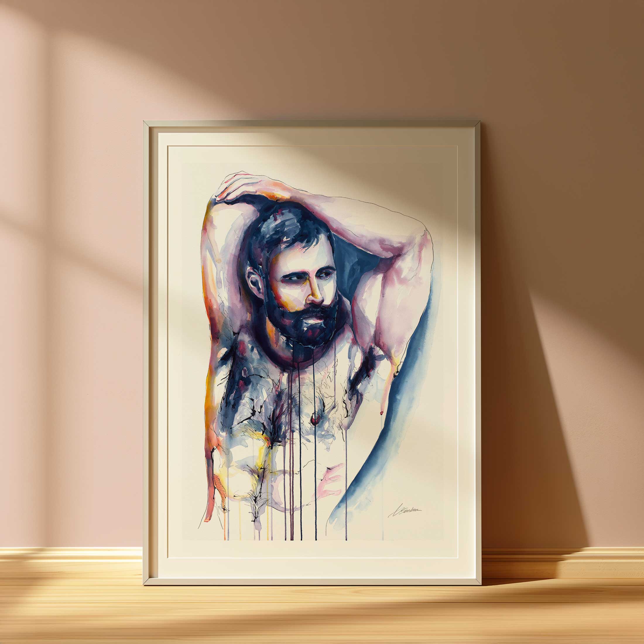 Bearded Man with Raised Arms and Strong, Hairy Chest - Art Print Artist Brenden Sanborn
