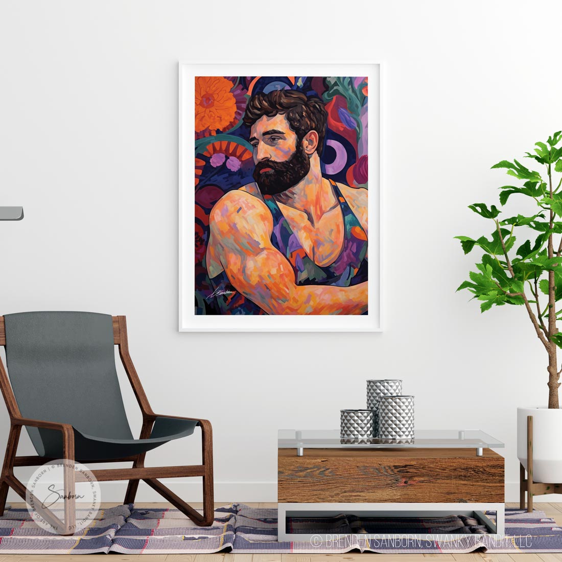 Embracing Solitude - Bearded Man with Hairy Chest in Floral Bliss - Giclee Art Print