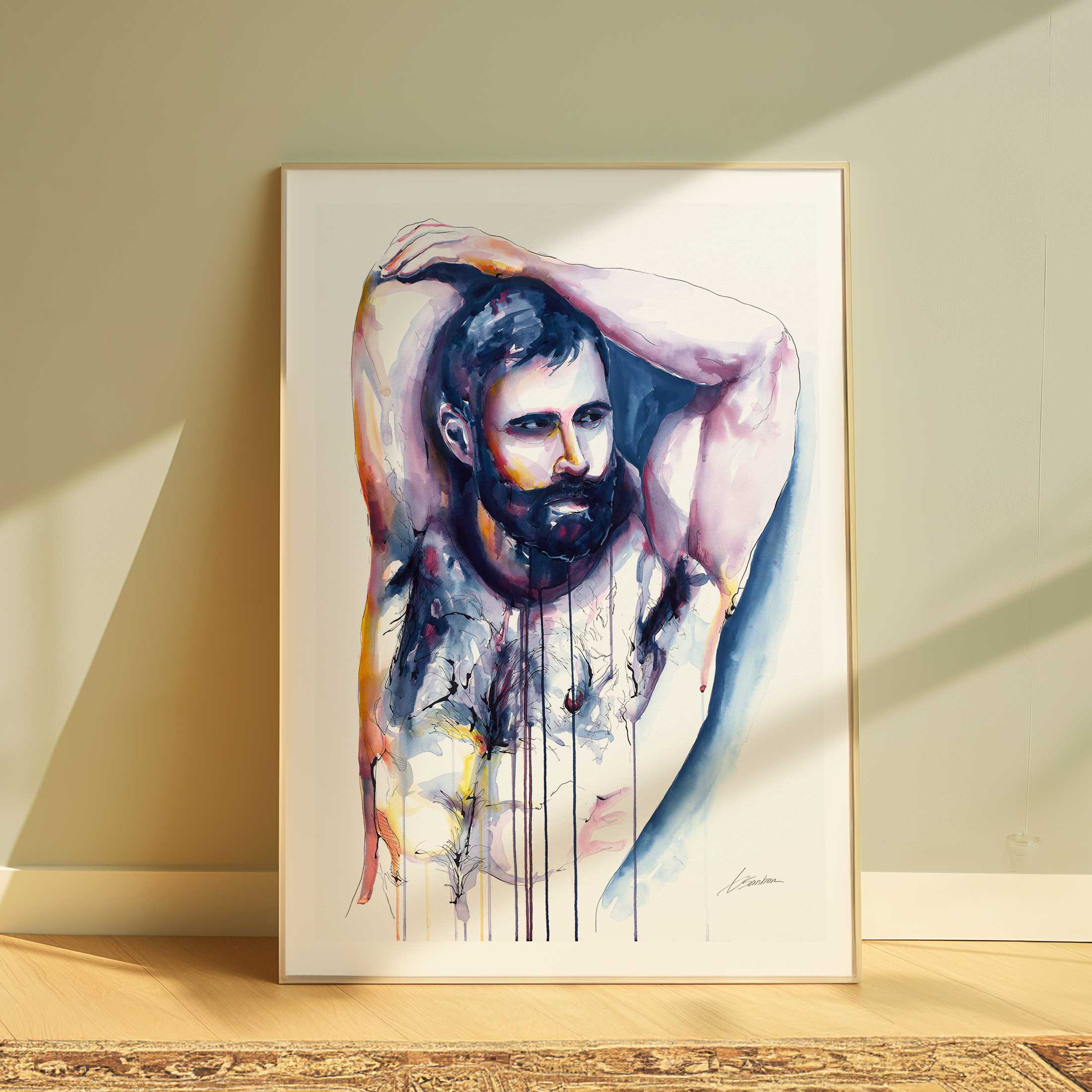 Bearded Man with Raised Arms and Strong, Hairy Chest - Art Print Artist Brenden Sanborn