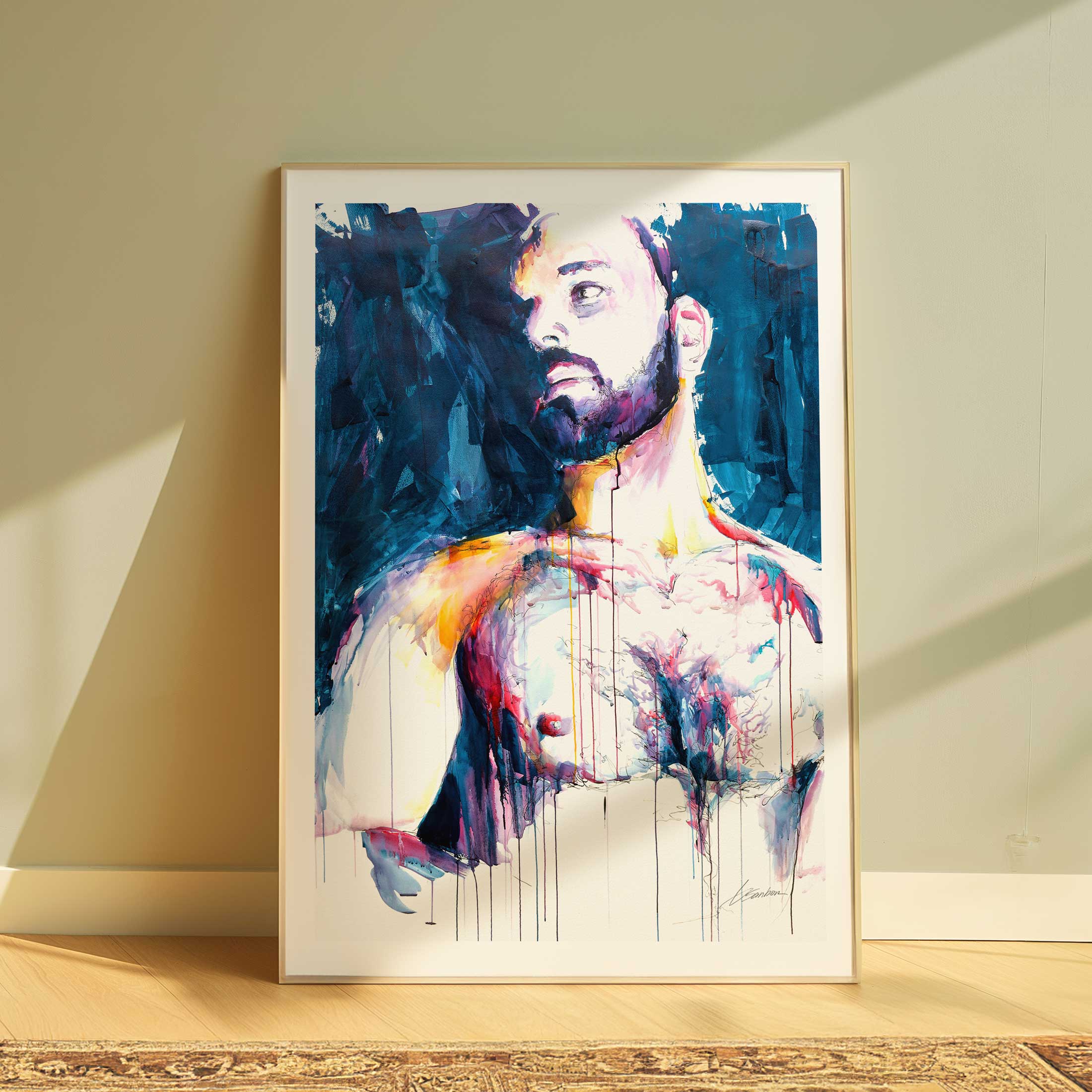 Bearded Male with Bare Chest and Introspective Gaze - Art Print Artist Brenden Sanborn