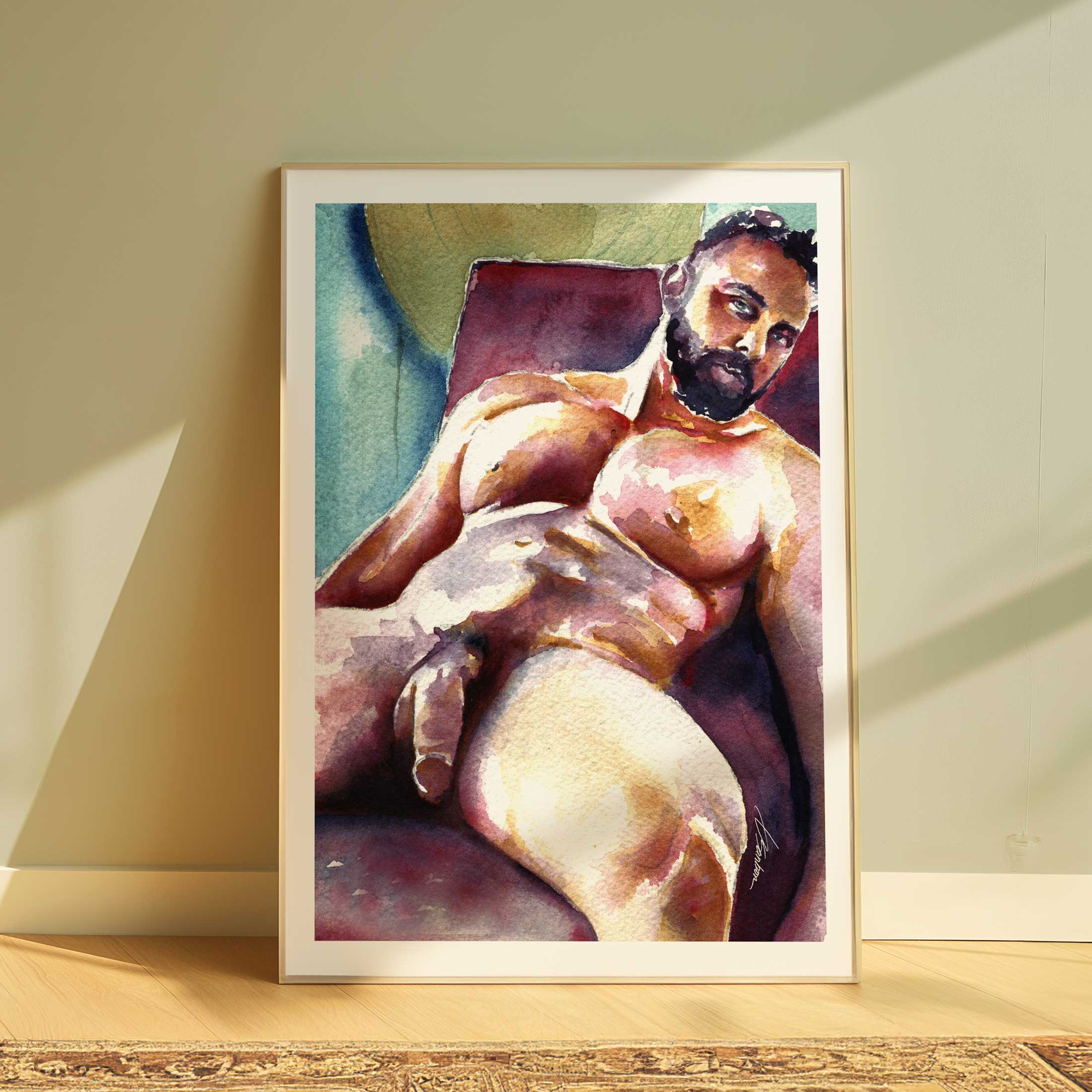 Pensive Strength: Bearded Male Nude Reclined in Chair - Art Print Artist Brenden Sanborn