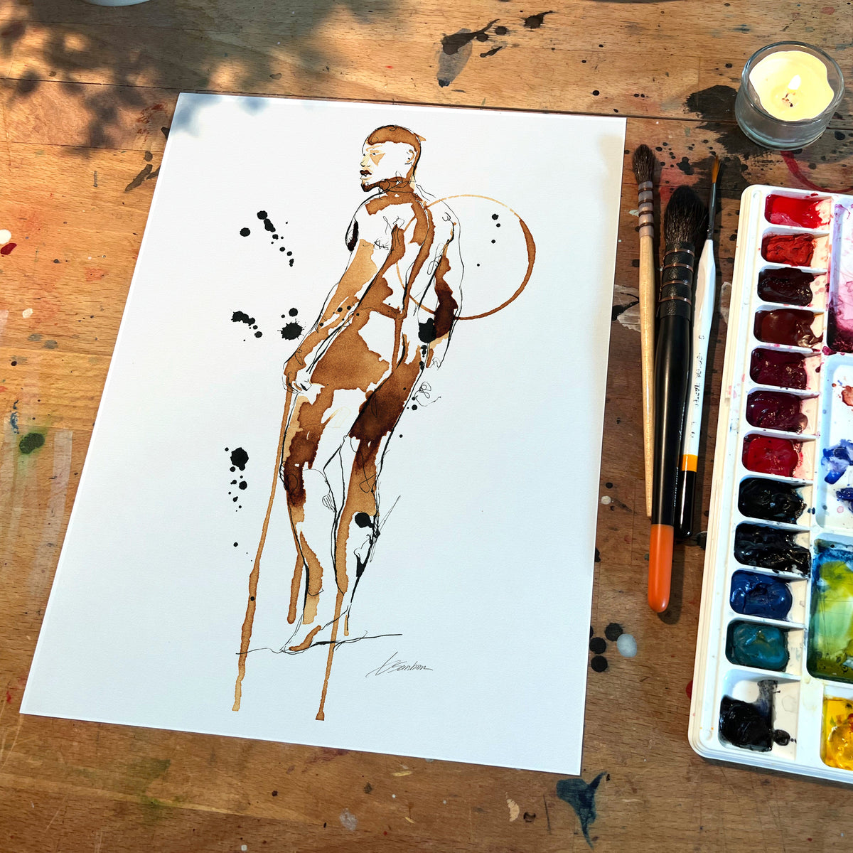 Man Standing Erotic Painting Fully Exposed - Made with Coffee Artist Brenden Sanborn