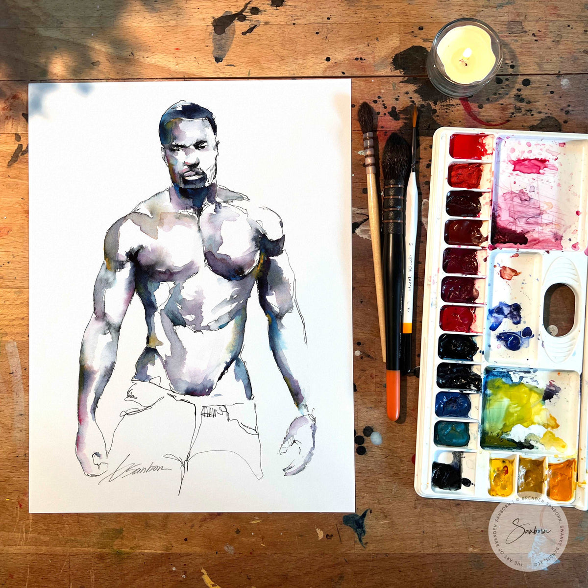 Ebony Strength & Whiskered Elegance: Original Watercolor by Brenden Sanborn Artist Brenden Sanborn