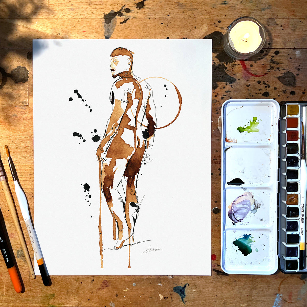 Man Standing Erotic Painting Fully Exposed - Made with Coffee Artist Brenden Sanborn