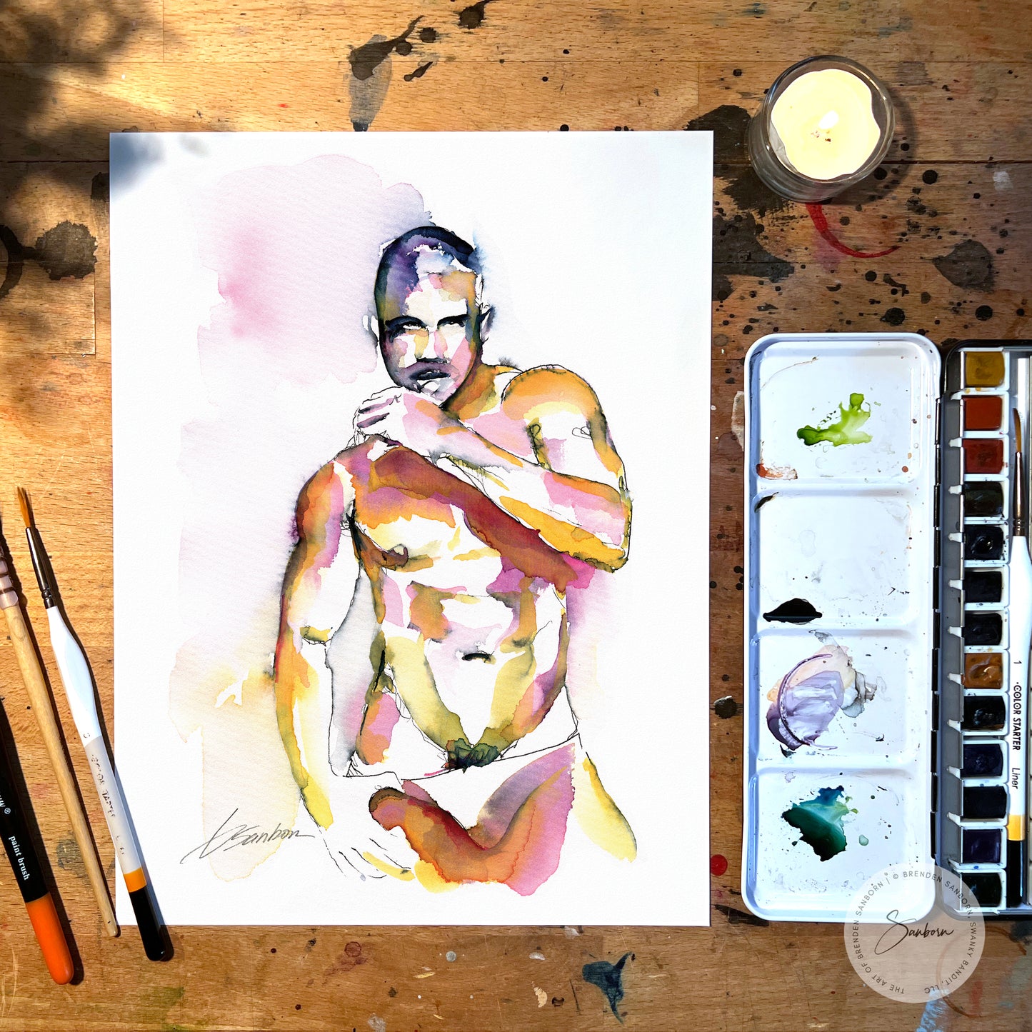 Hirsute Muscular Young Man - Original Watercolor Painting