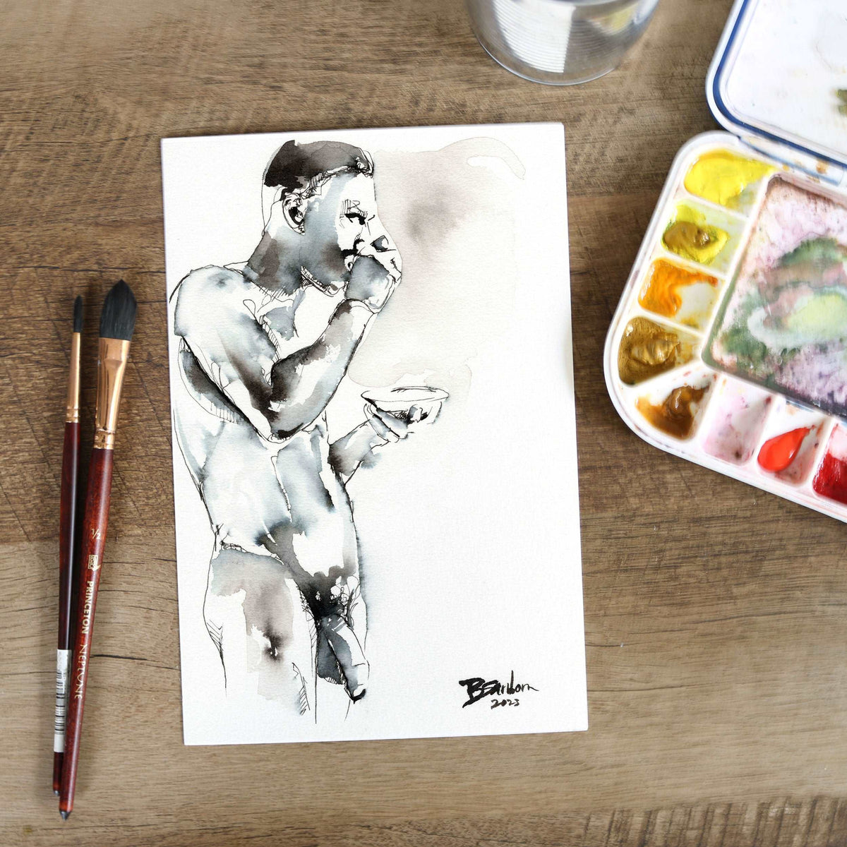 Morning Muse - Man Sipping Coffee - 6x9" Original Painting Artist Brenden Sanborn
