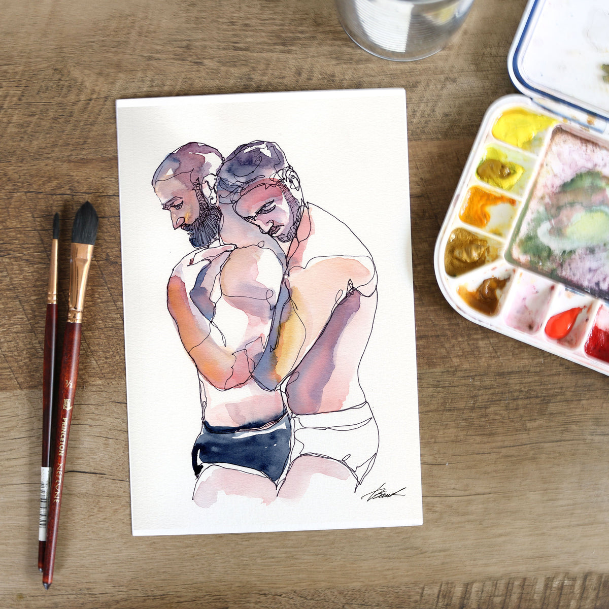 Morning Snuggles – 5x7" Original Ink & Watercolor Artist Brenden Sanborn
