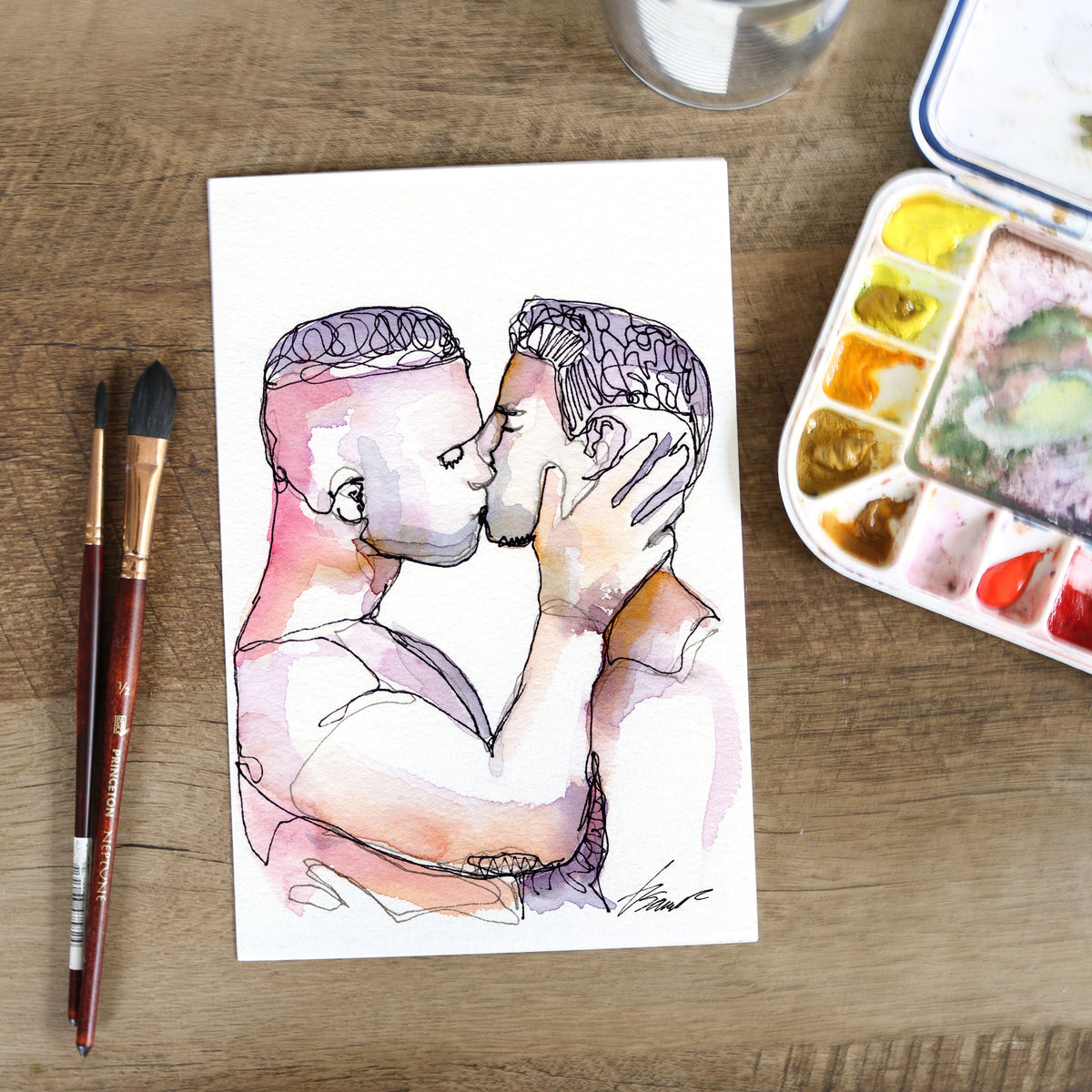 The Way We Kiss – 5x7" Original Ink & Watercolor Artist Brenden Sanborn