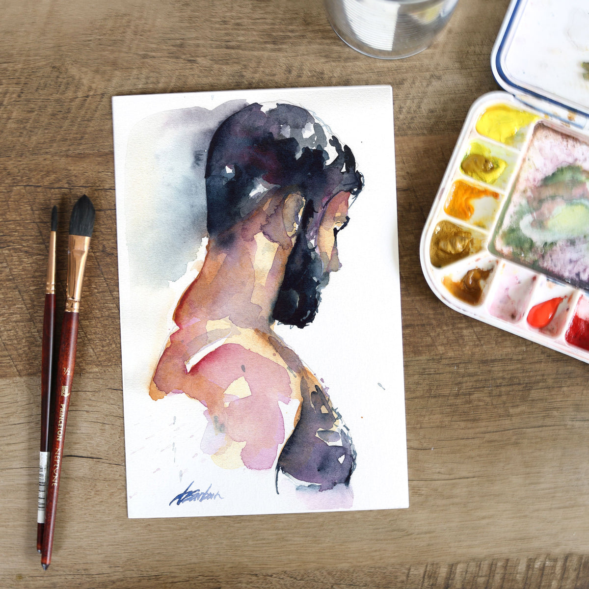 Shadowed Strength - Thick-Haired Chest - 6x9" Original Watercolor Painting Artist Brenden Sanborn