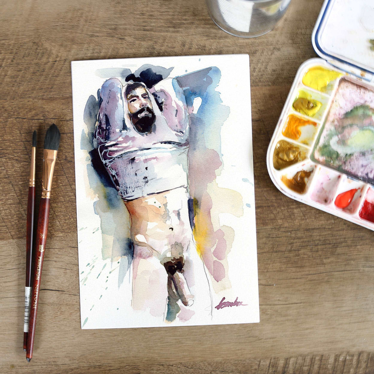 Bearded Man Removing Shirt - 6x9" Original Watercolor Painting Artist Brenden Sanborn