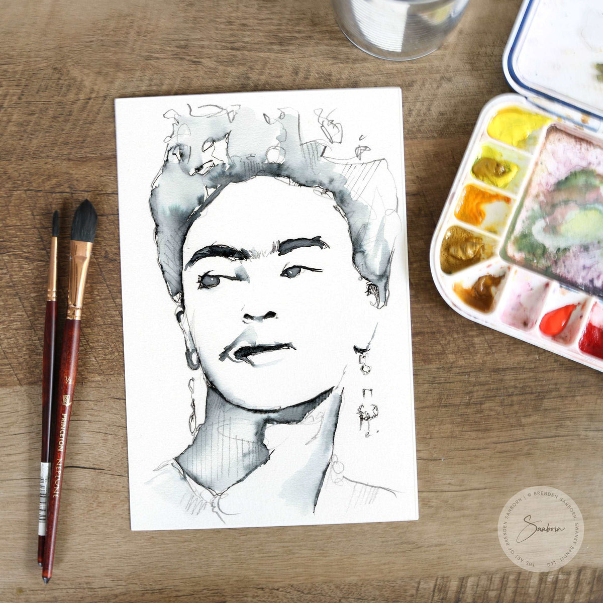 Frida Kahlo Portrait - 6x9" Original Ink Painting Artist Brenden Sanborn