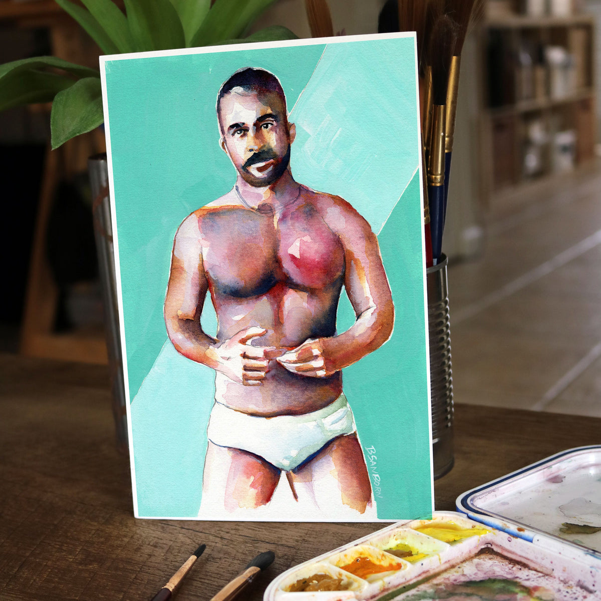 Vivid Confidence - Muscular Man in White Briefs - 6x9" Original Art Artist Brenden Sanborn
