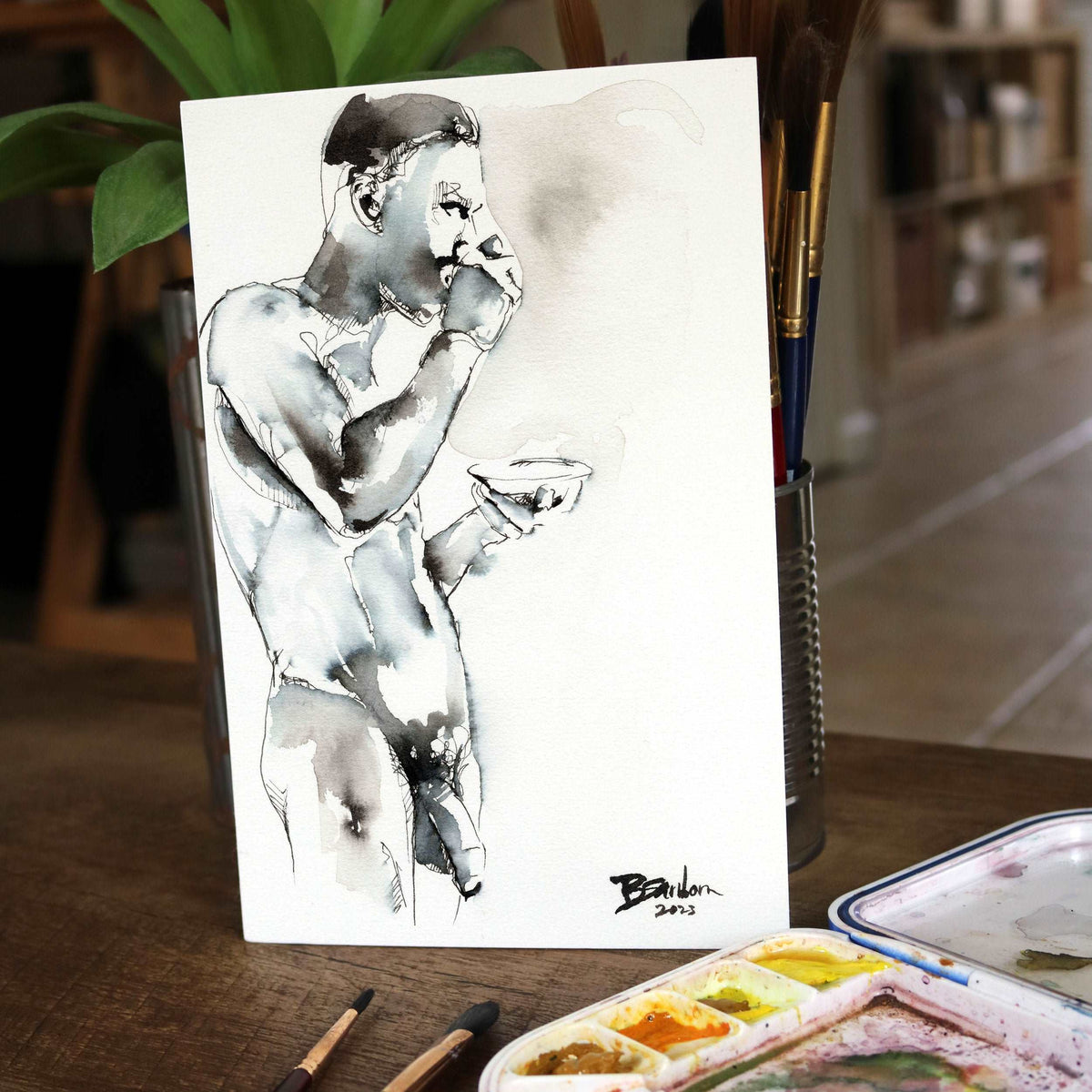 Morning Muse - Man Sipping Coffee - 6x9" Original Painting Artist Brenden Sanborn