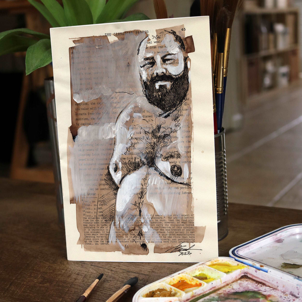 Literary Bear - Hairy Gay Man on Book Page - 6x9" Original Art Artist Brenden Sanborn