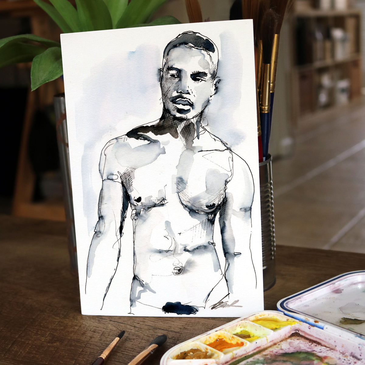 Stoic Shadows - Ink Defined Muscular Form - 6x9" Original Painting Artist Brenden Sanborn