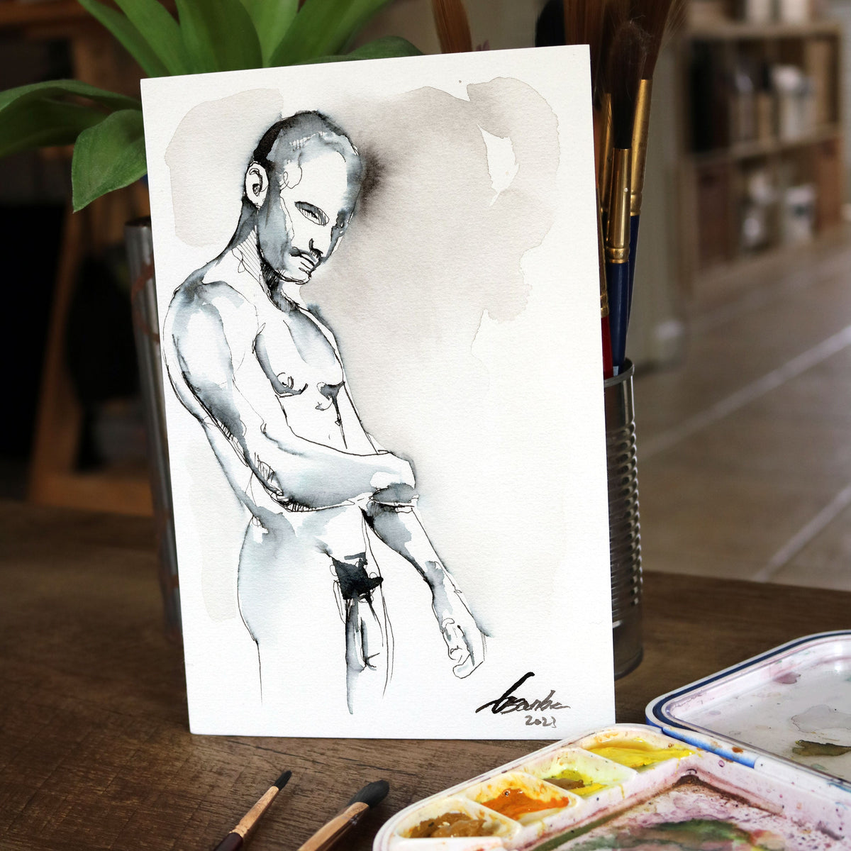 Whispered Strength - Monochrome Muscular Male Contour - 6x9" Original Painting Artist Brenden Sanborn