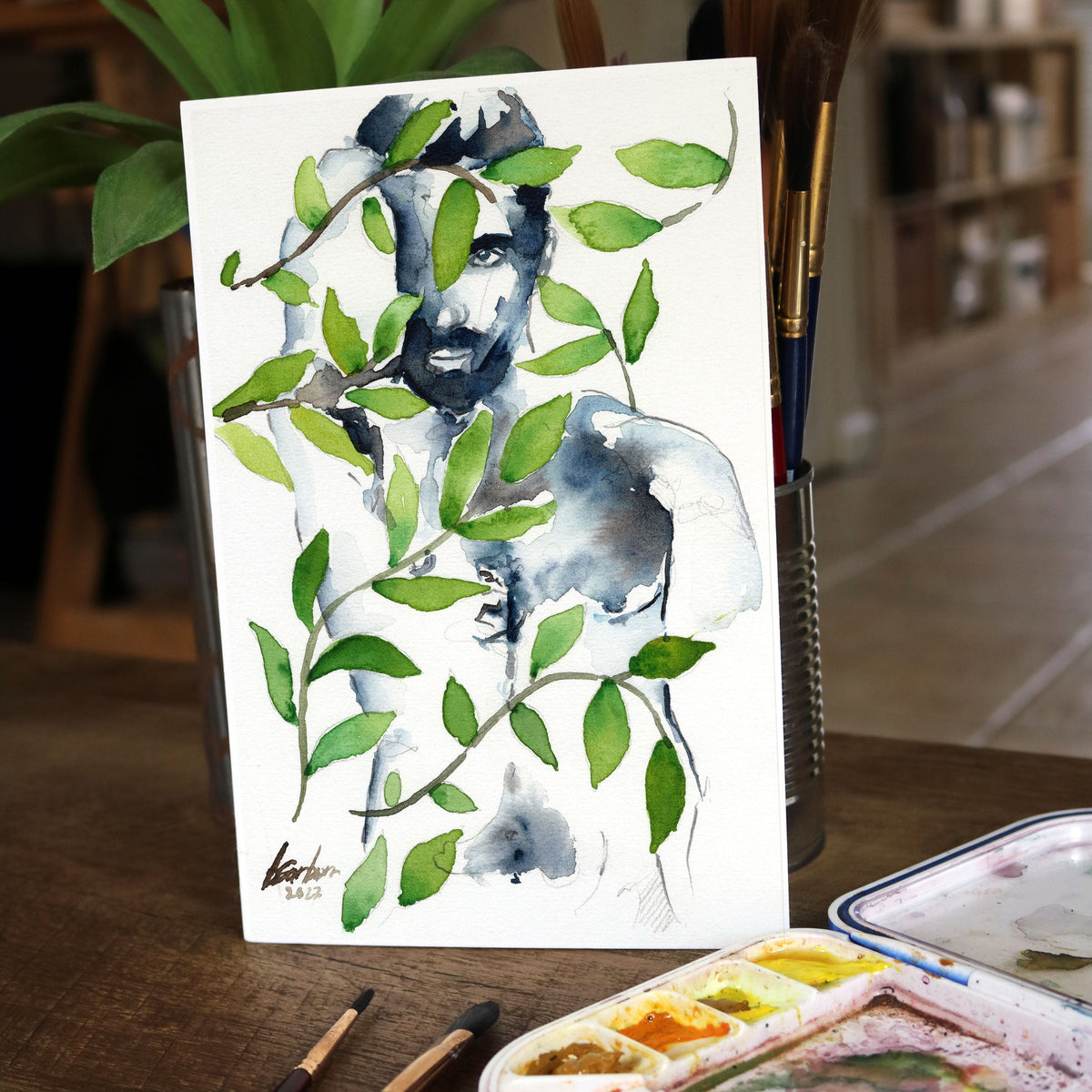 Nature's Embrace - Bearded Man Amidst Verdant Vines - Original Art Artist Brenden Sanborn