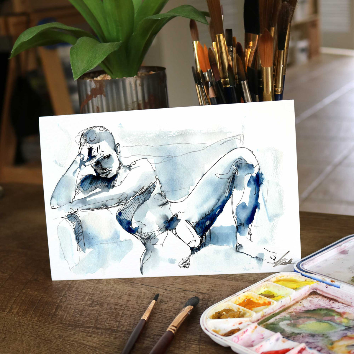 Relaxed Poise - Muscular Figure on Sofa - 6x9" Original Painting Artist Brenden Sanborn