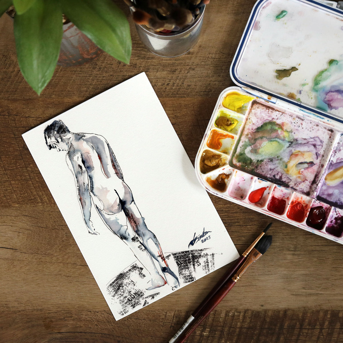 Solitary Reflection - Nude Male Form in Ink - 6x9" Original Watercolor Artist Brenden Sanborn