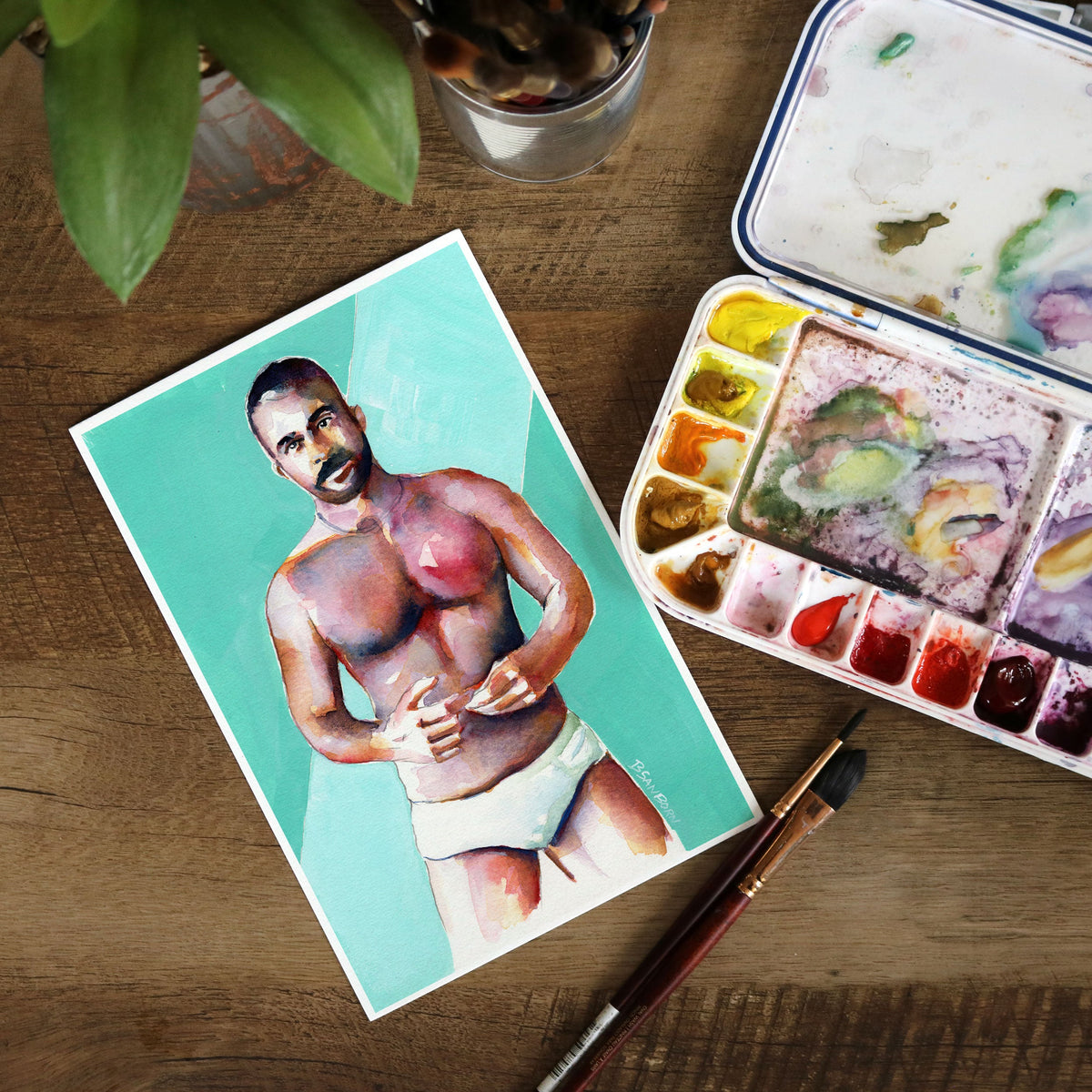 Vivid Confidence - Muscular Man in White Briefs - 6x9" Original Art Artist Brenden Sanborn