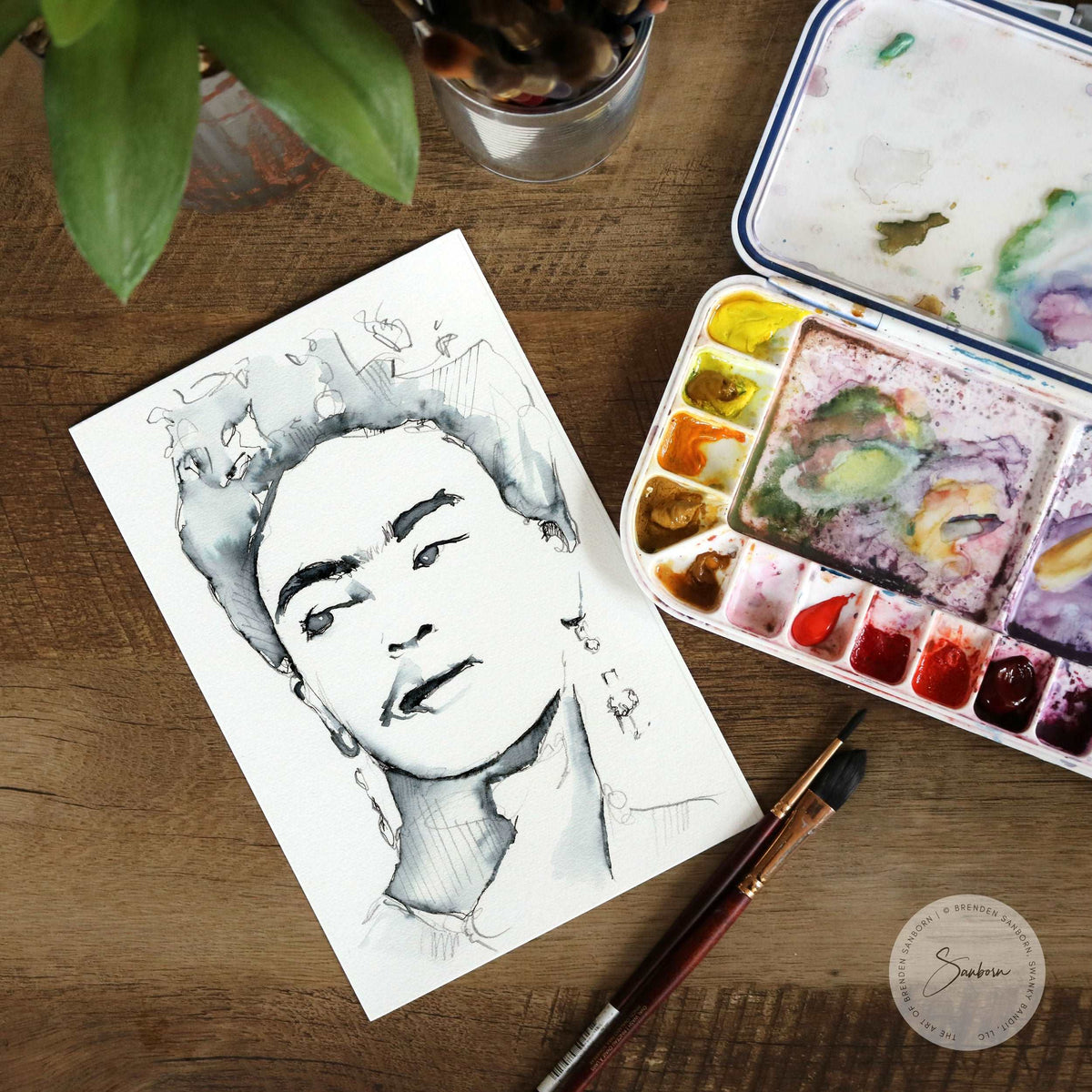 Frida Kahlo Portrait - 6x9" Original Ink Painting Artist Brenden Sanborn